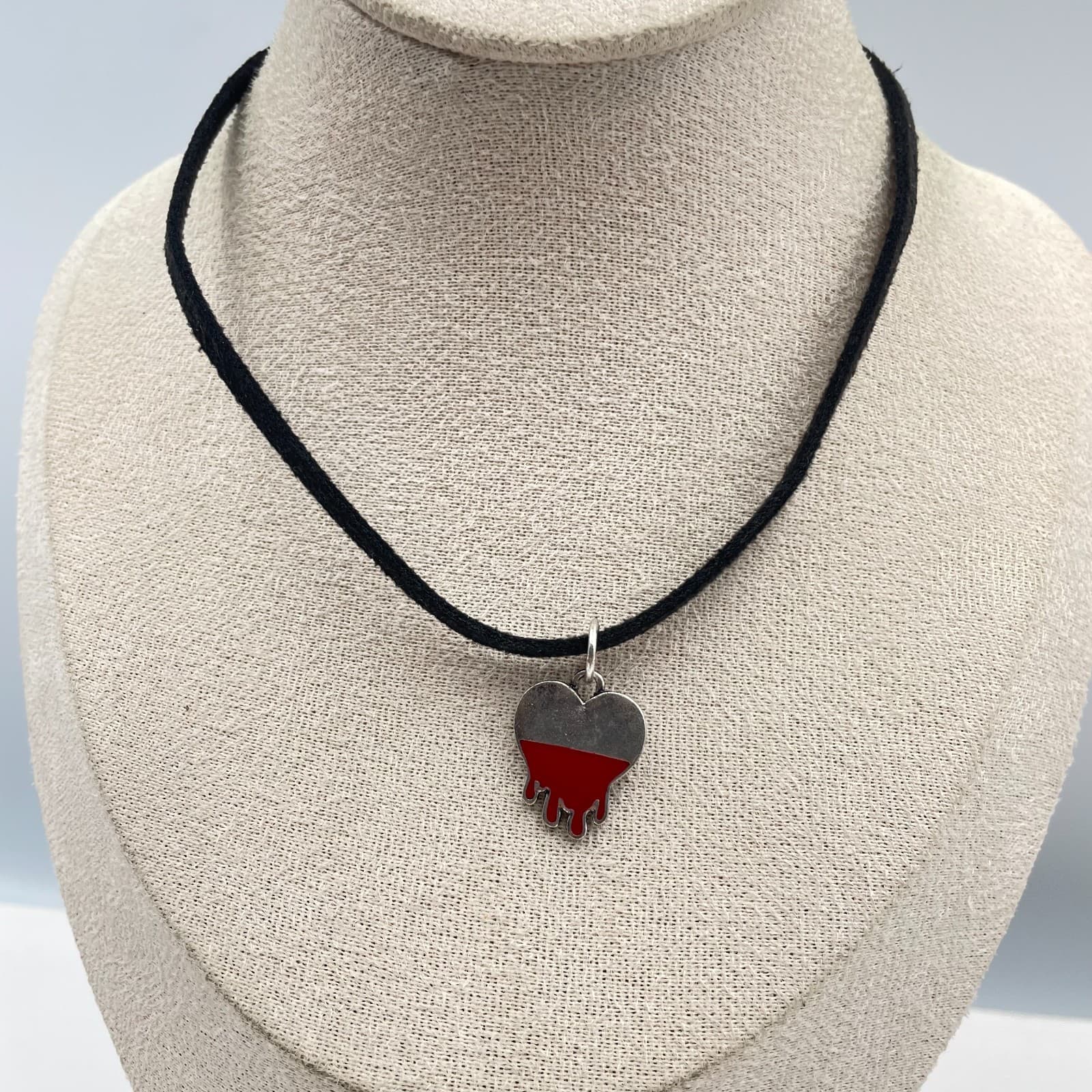 Dripping Blood Heart Choker Necklace Red Enamel Silver Pendant Goth Emo Suede - Image 1