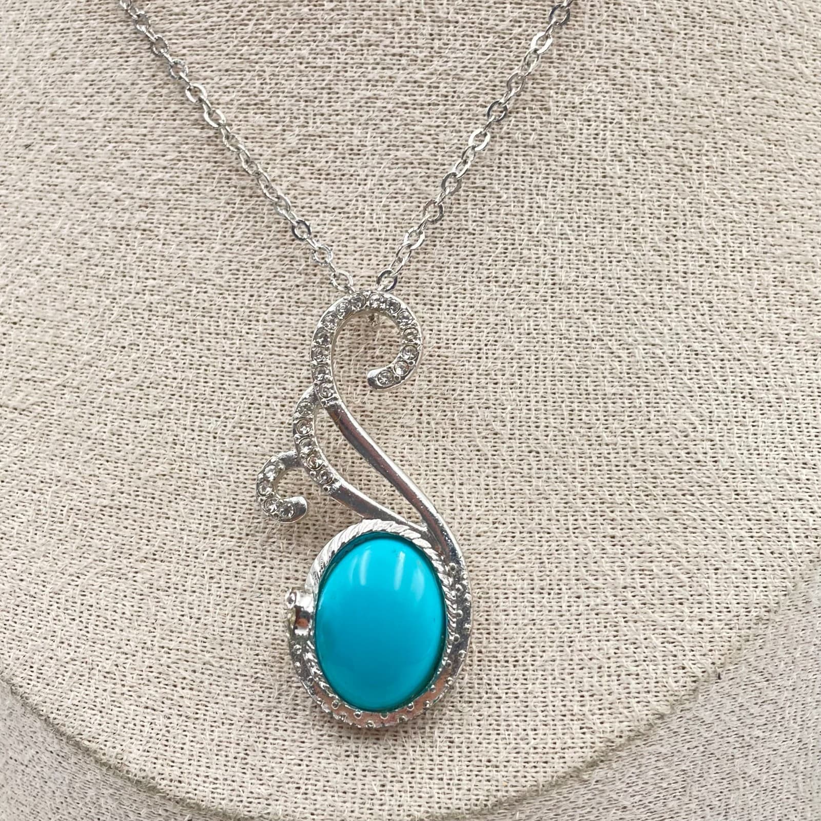 Vintage Silver Tone Turquoise Cabochon Scroll Pendant Necklace Blue Stone - Thumbnail 2