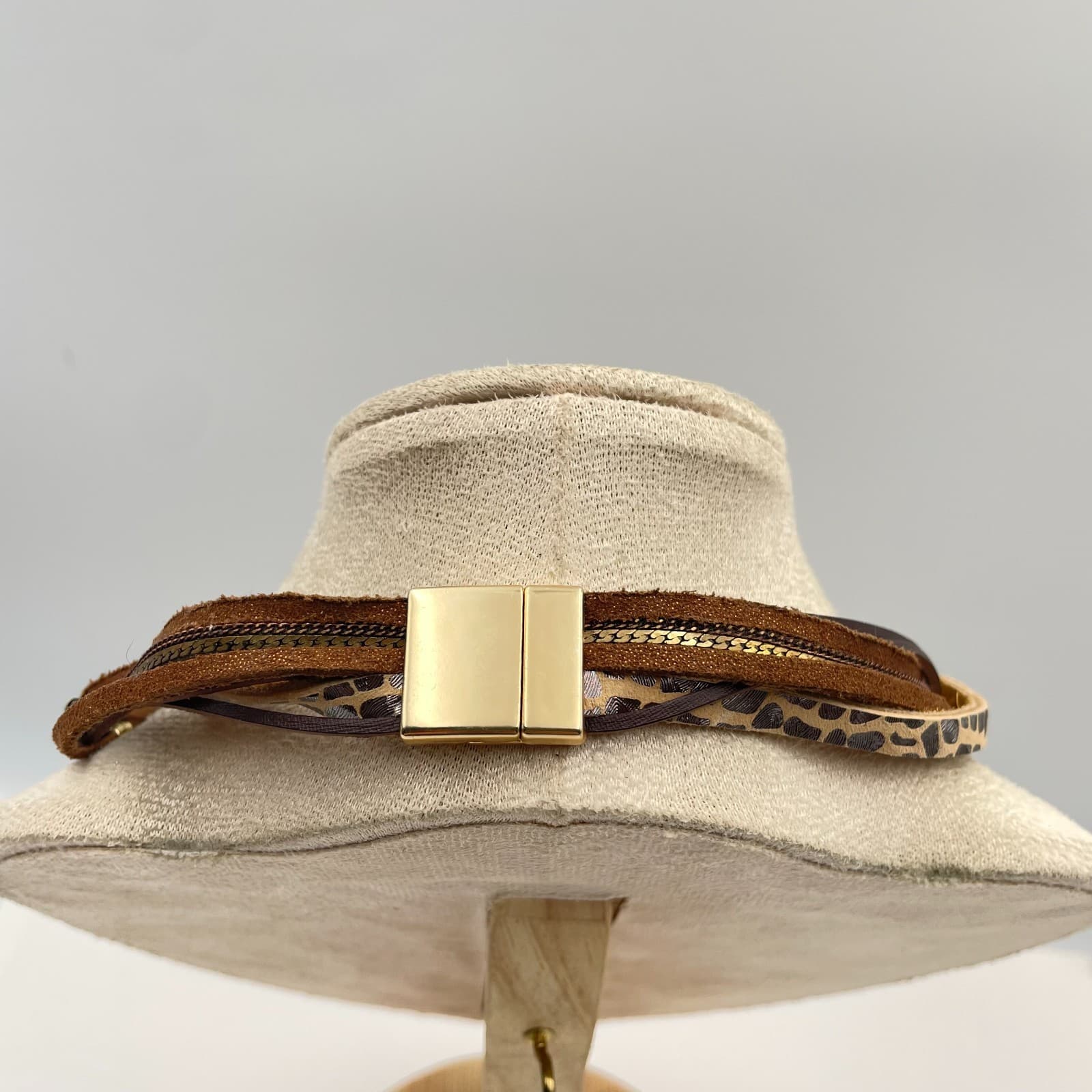 Vintage Boho Leather Wrap Bracelet Multi Strand Animal Magnetic Clasp Gold Tone - Thumbnail 5