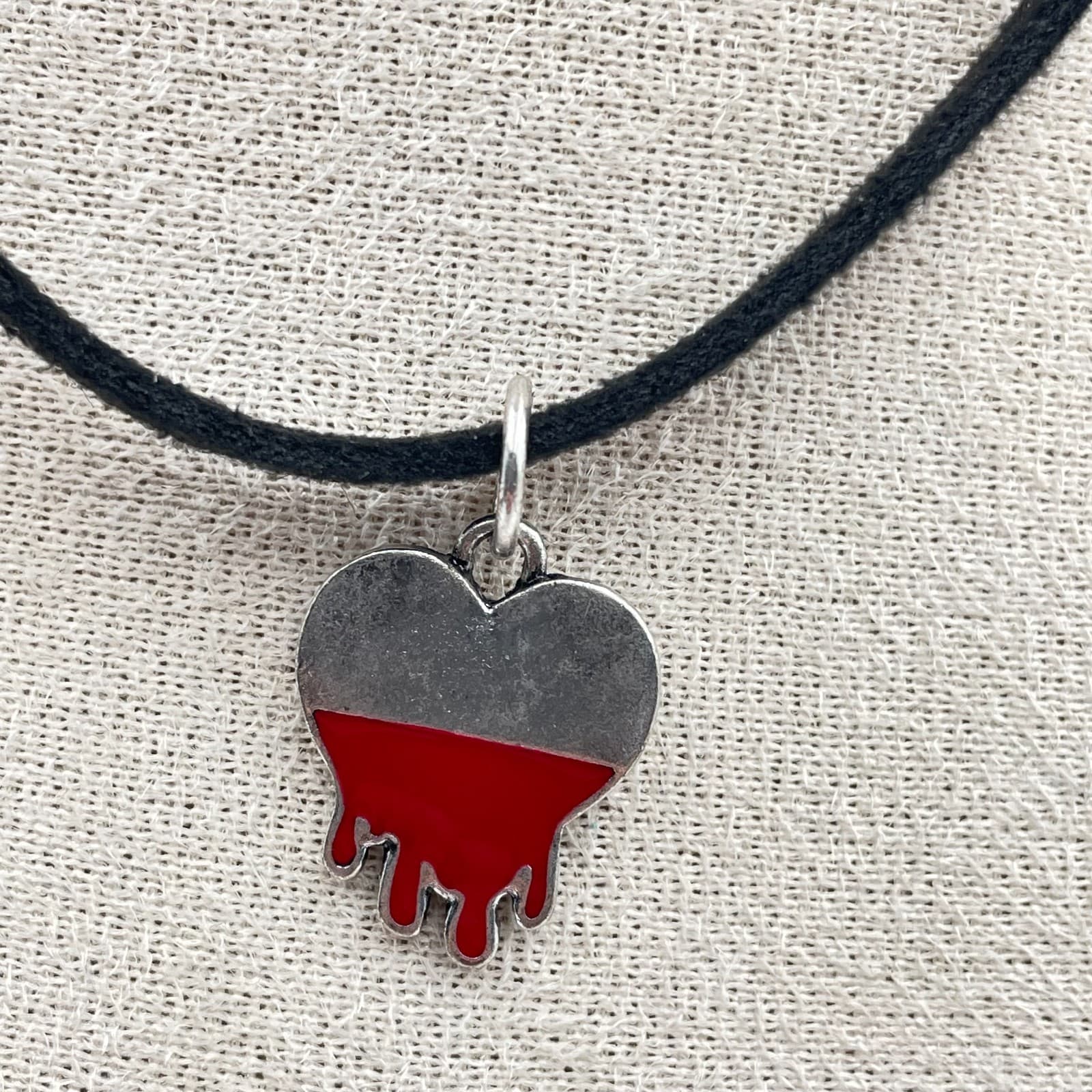 Dripping Blood Heart Choker Necklace Red Enamel Silver Pendant Goth Emo Suede - Thumbnail 4