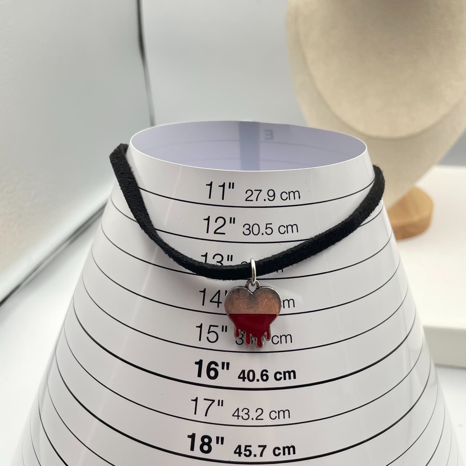 Dripping Blood Heart Choker Necklace Red Enamel Silver Pendant Goth Emo Suede - Thumbnail 8