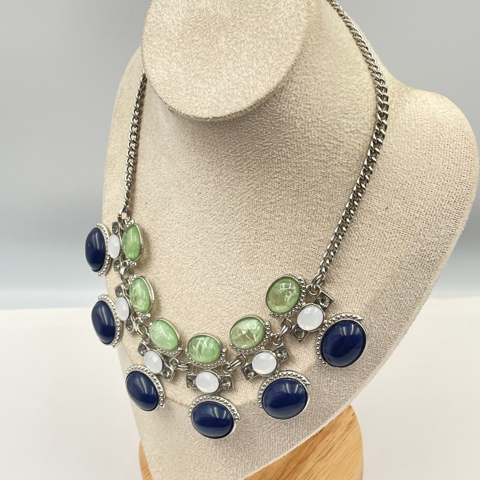 Vintage New York Necklace Silver Tone Blue Green White Cabochon Statement Bib - Thumbnail 5