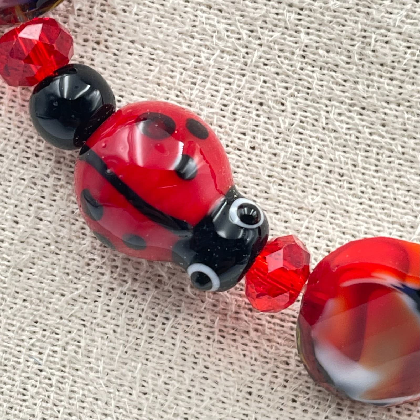 Vintage Art Glass Ladybug Necklace Lampwork Red Black Bead Choker Whimsical - Thumbnail 3
