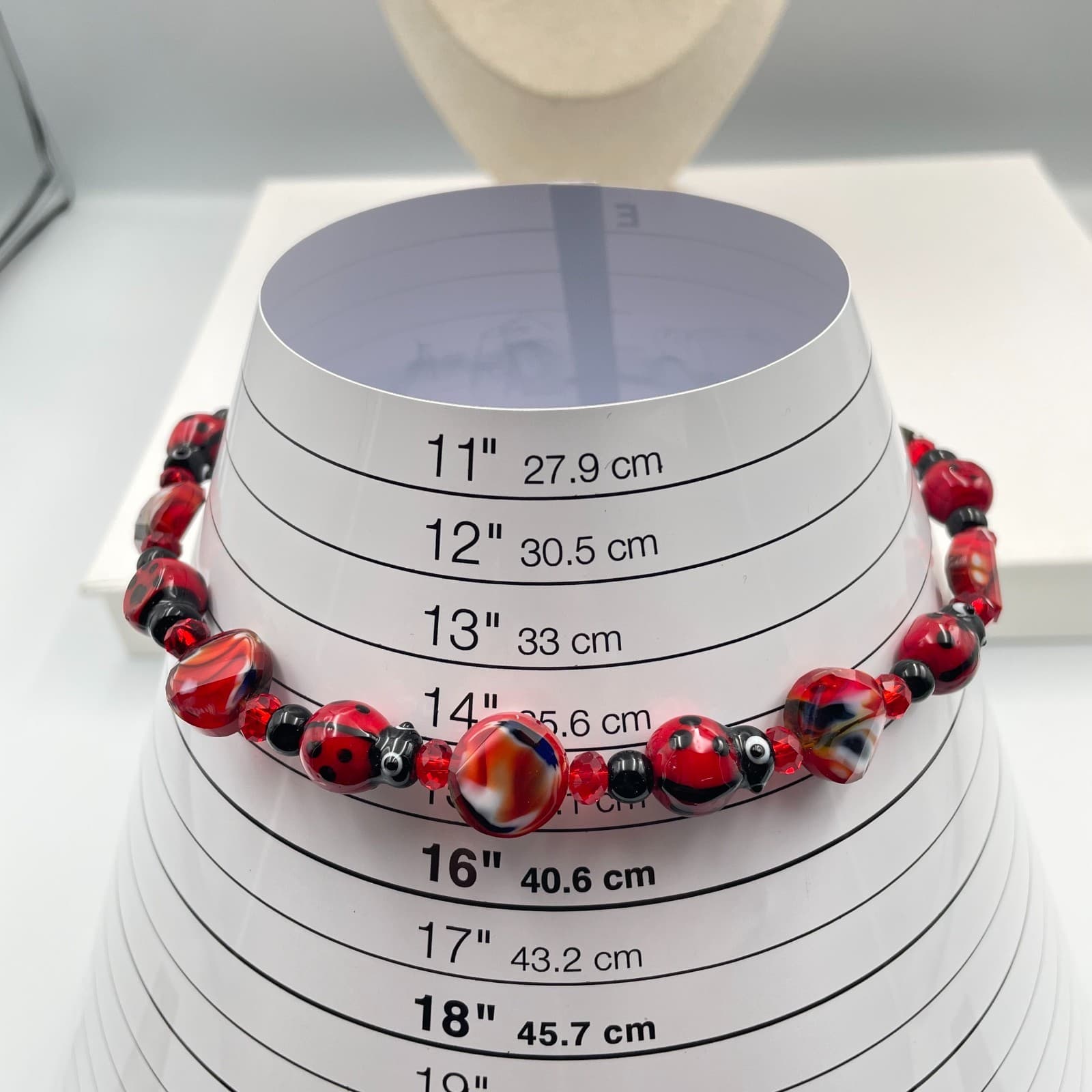 Vintage Art Glass Ladybug Necklace Lampwork Red Black Bead Choker Whimsical - Thumbnail 7