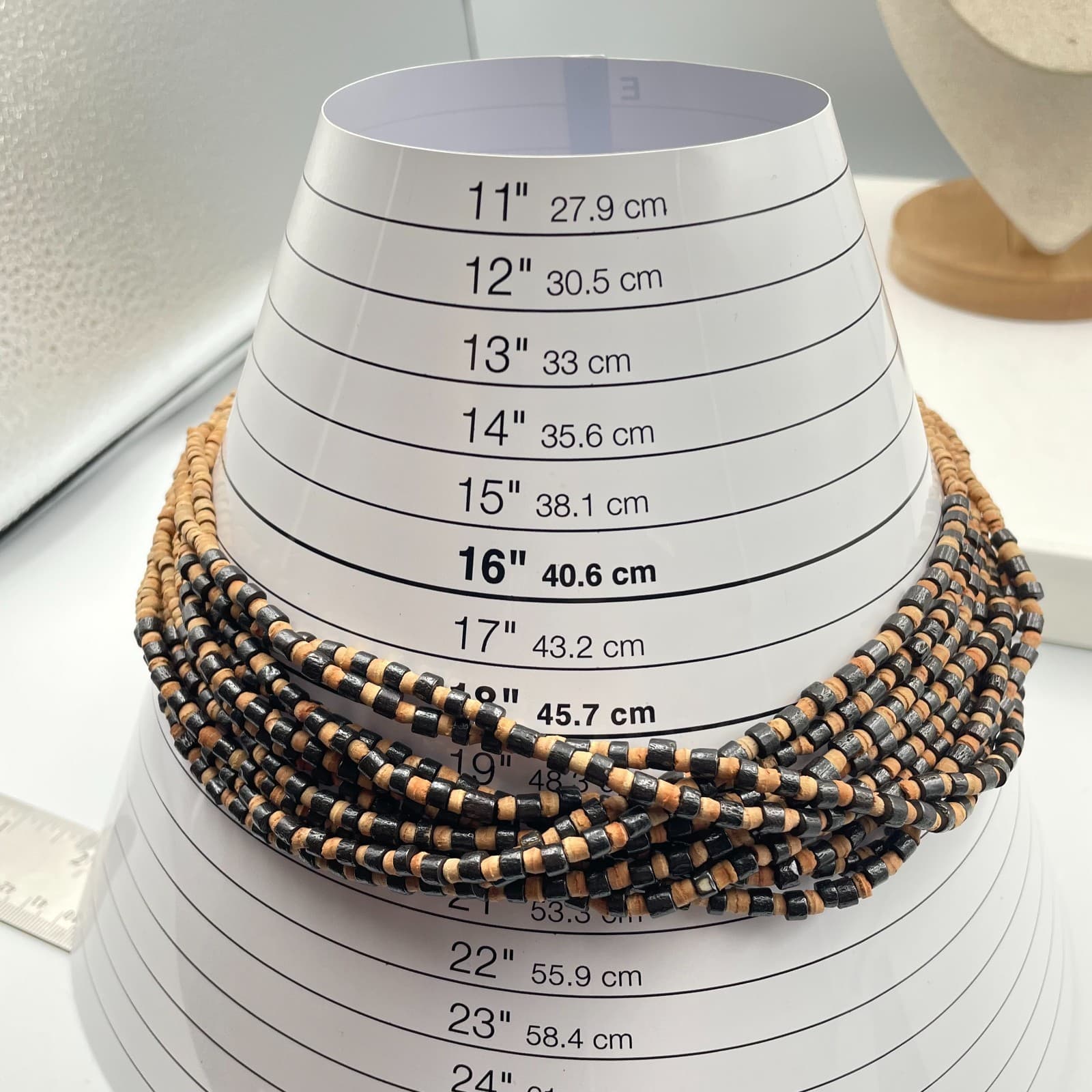 Vtg Multi Strand Wood Bead Necklace Chunky Statement Tribal Black Natural Brown - Thumbnail 6