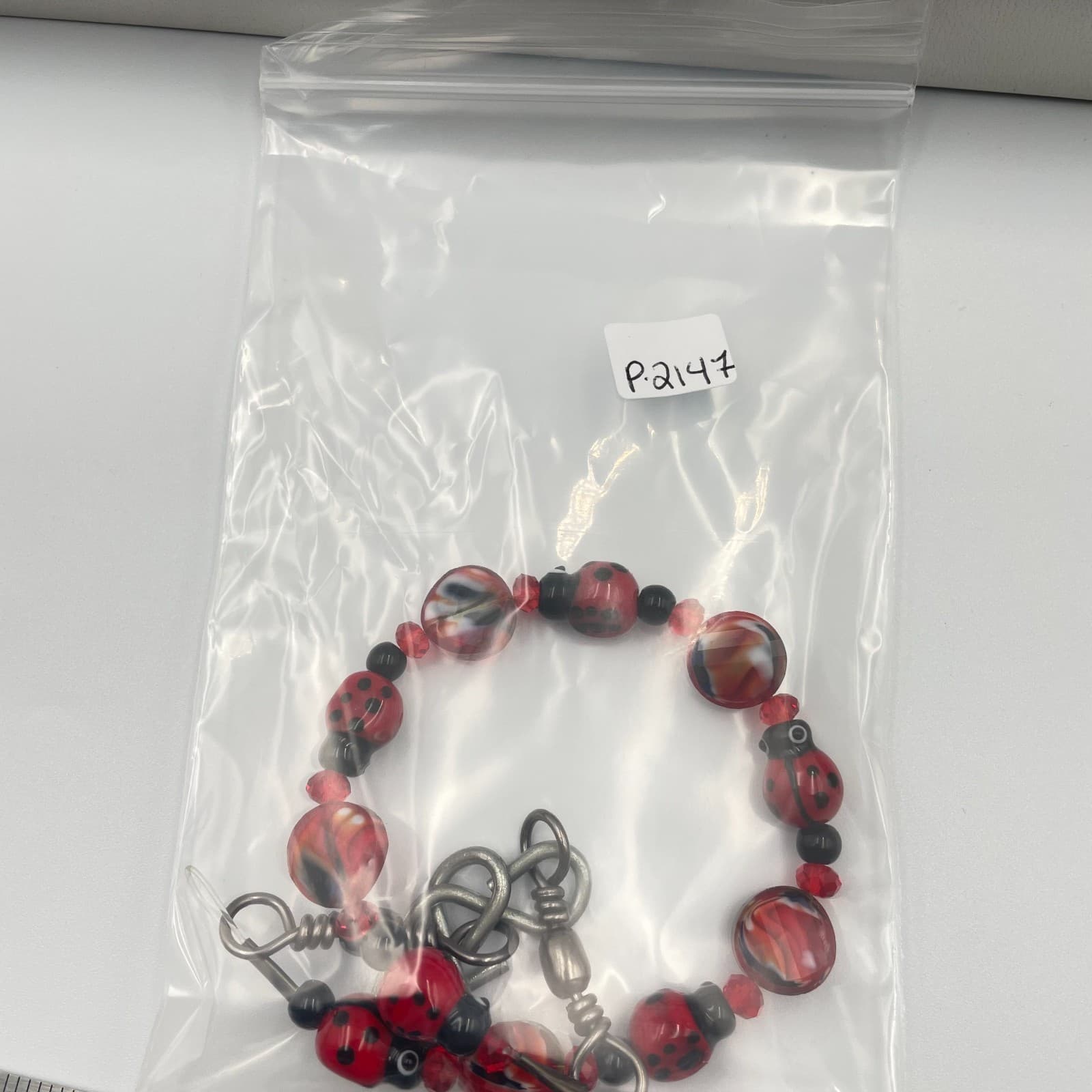 Vintage Art Glass Ladybug Necklace Lampwork Red Black Bead Choker Whimsical - Thumbnail 8