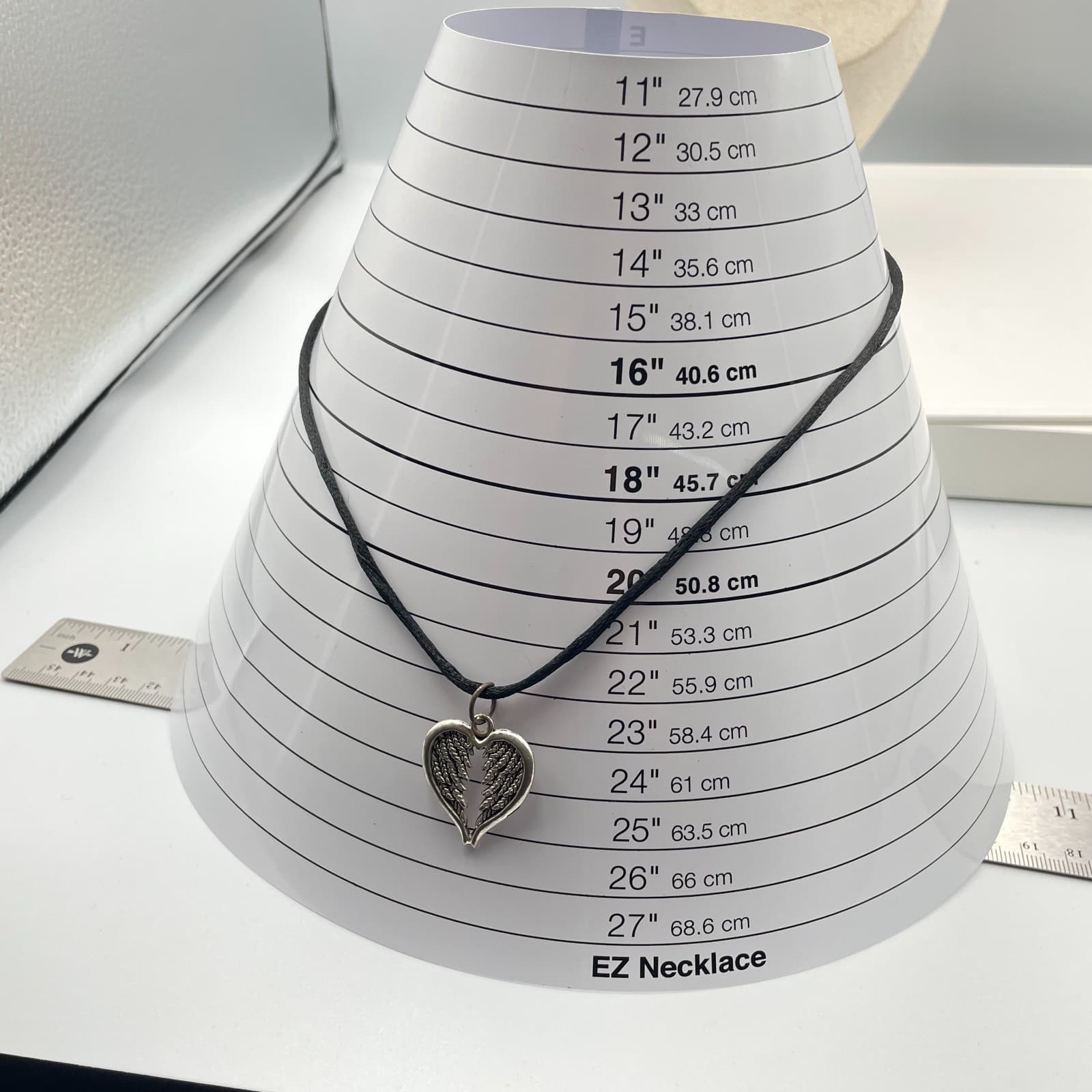 Vintage Angel Wing Heart Pendant Necklace Black Cord 22" Silver Tone Gothic Boho - Thumbnail 9