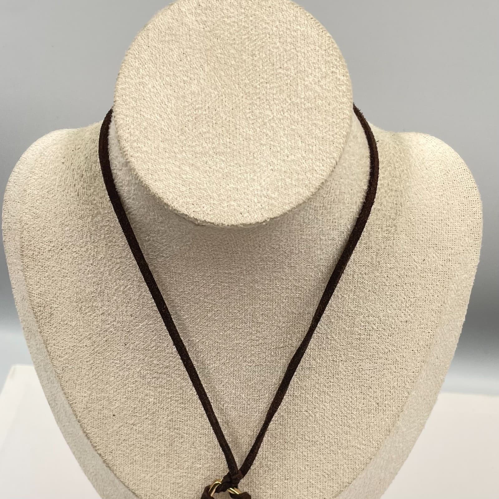 Vtg Boho Gold Tone White Moonstone Pendant Brown Faux Suede Cord Wrap Necklace - Thumbnail 2