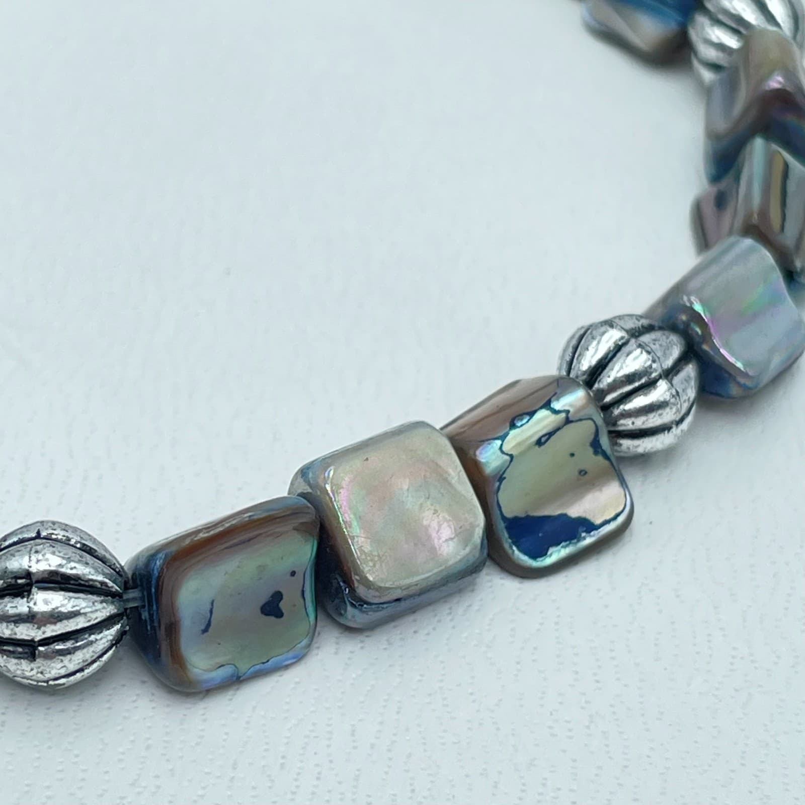 Vintage Y2K Abalone Shell Bracelet Silver Tone Beaded Boho Statement Jewelry - Thumbnail 5