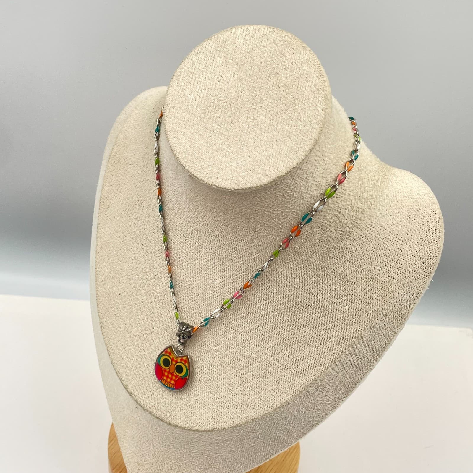 Vintage Colorful Owl Pendant Necklace Enamel Multi Chain Boho Whimsical Jewelry - Thumbnail 4