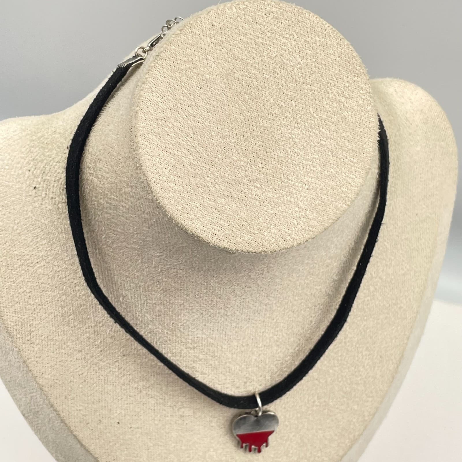 Dripping Blood Heart Choker Necklace Red Enamel Silver Pendant Goth Emo Suede - Thumbnail 6