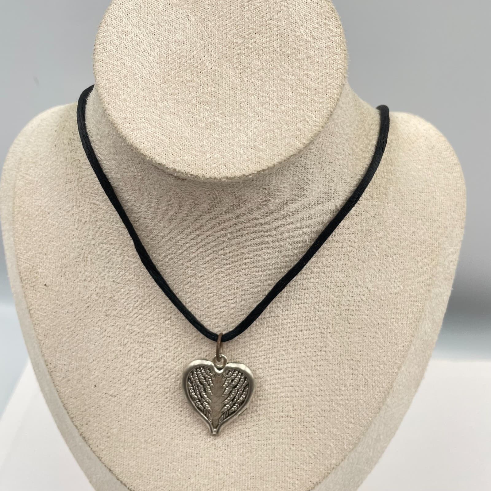 Vintage Angel Wing Heart Pendant Necklace Black Cord 22" Silver Tone Gothic Boho - Image 1