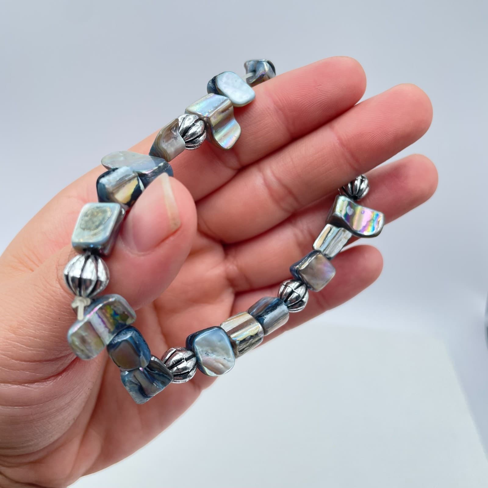 Vintage Y2K Abalone Shell Bracelet Silver Tone Beaded Boho Statement Jewelry - Thumbnail 3