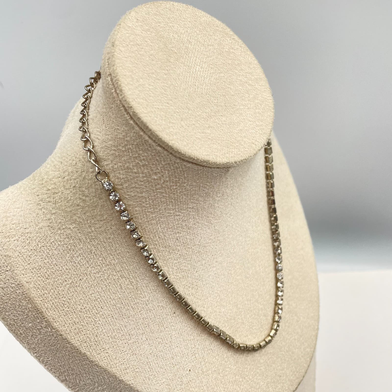 Vintage Silver Tone Clear Rhinestone Tennis Necklace Choker Adjustable - Thumbnail 4