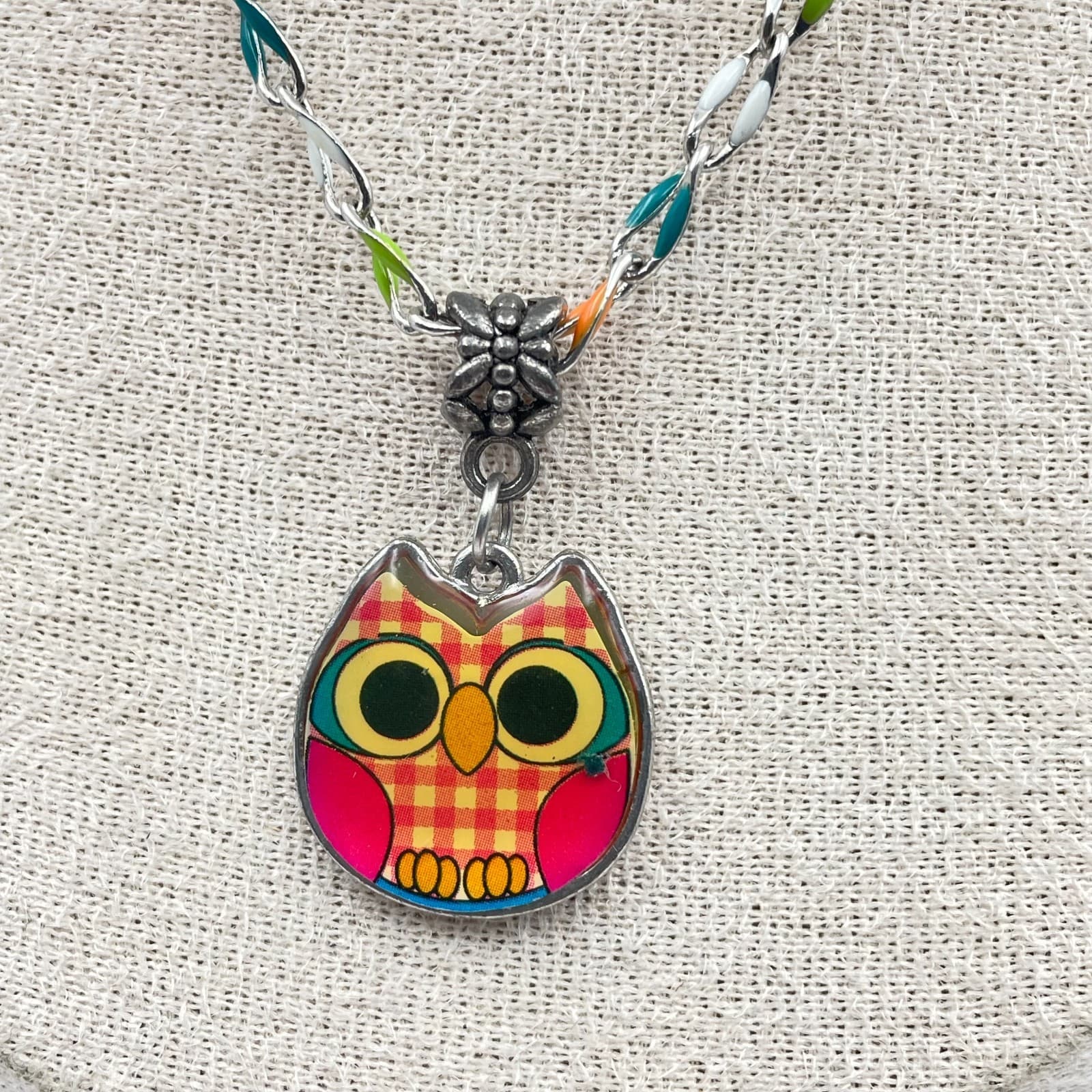 Vintage Colorful Owl Pendant Necklace Enamel Multi Chain Boho Whimsical Jewelry - Thumbnail 3