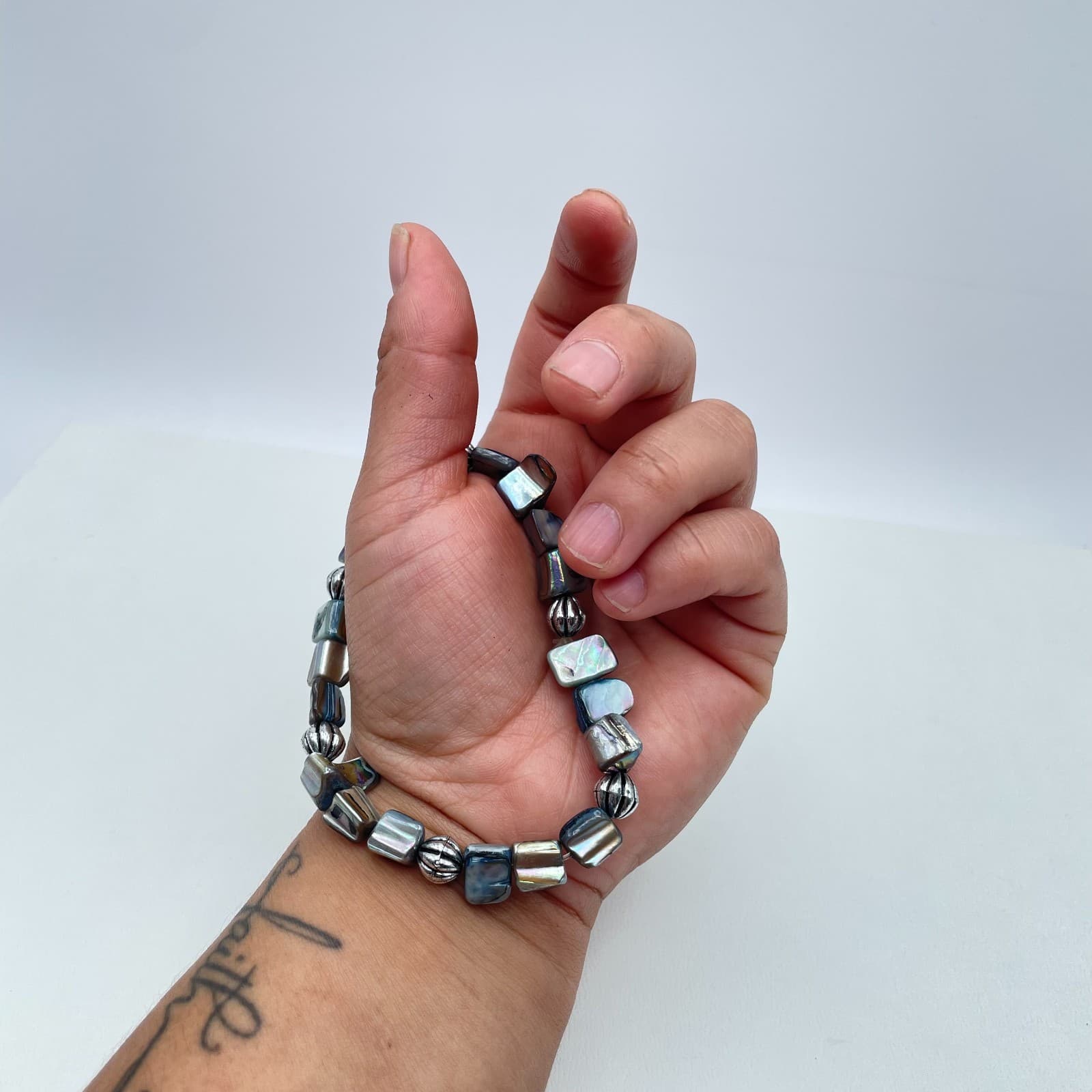 Vintage Y2K Abalone Shell Bracelet Silver Tone Beaded Boho Statement Jewelry - Thumbnail 4