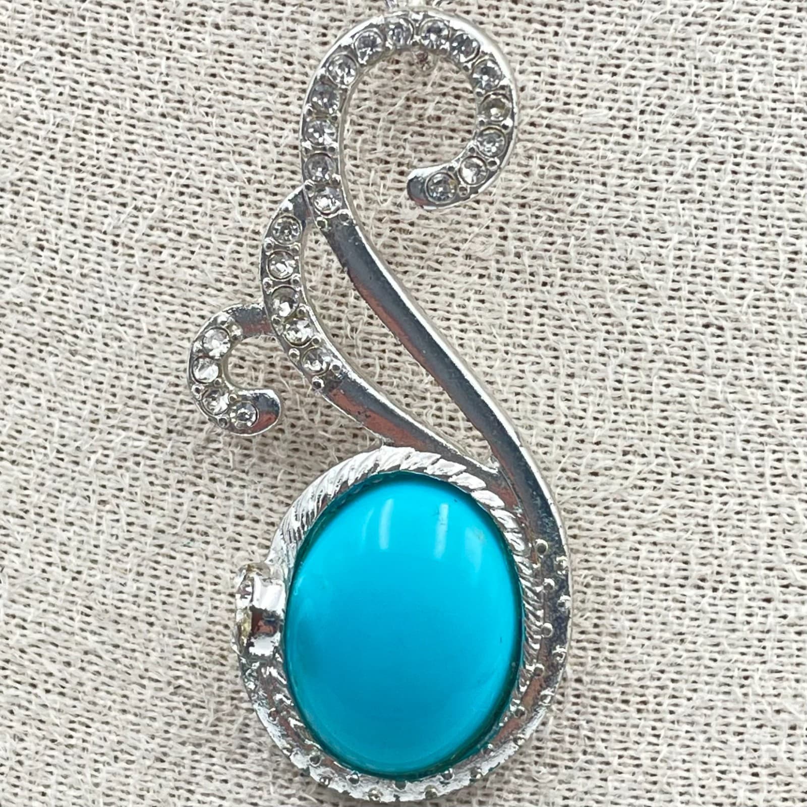 Vintage Silver Tone Turquoise Cabochon Scroll Pendant Necklace Blue Stone - Thumbnail 4