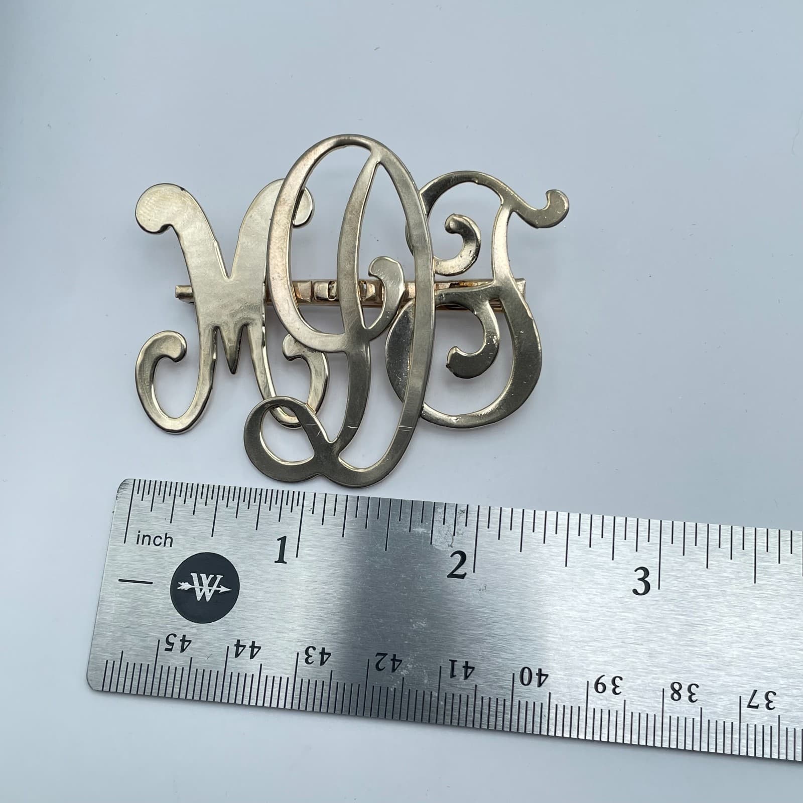 Vintage 80s Monogram MGS Script Large Charm Brooch Pin Gold Tone Jewelry - Thumbnail 7
