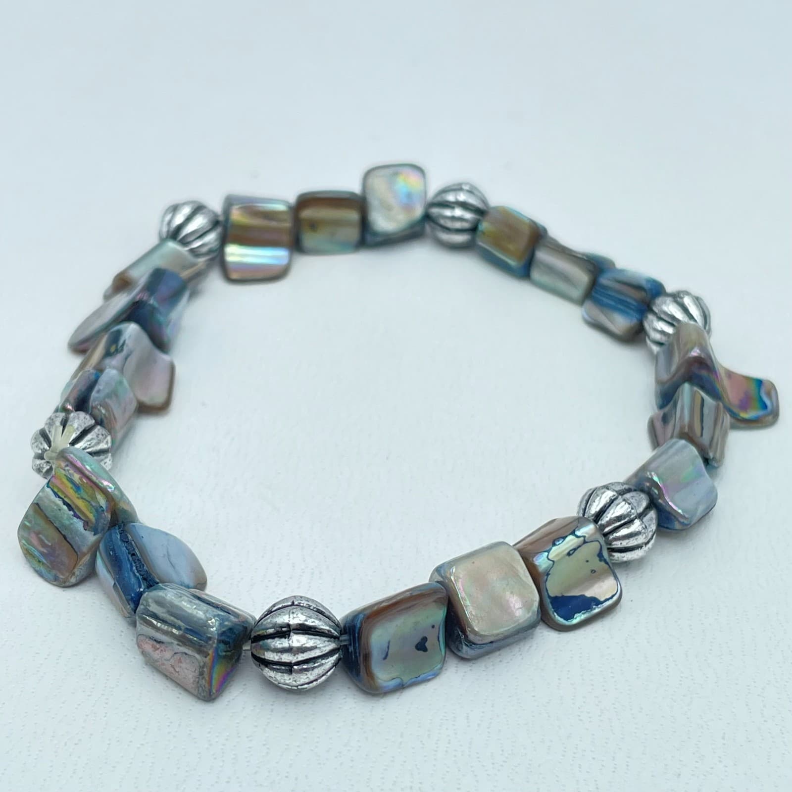 Vintage Y2K Abalone Shell Bracelet Silver Tone Beaded Boho Statement Jewelry - Thumbnail 2