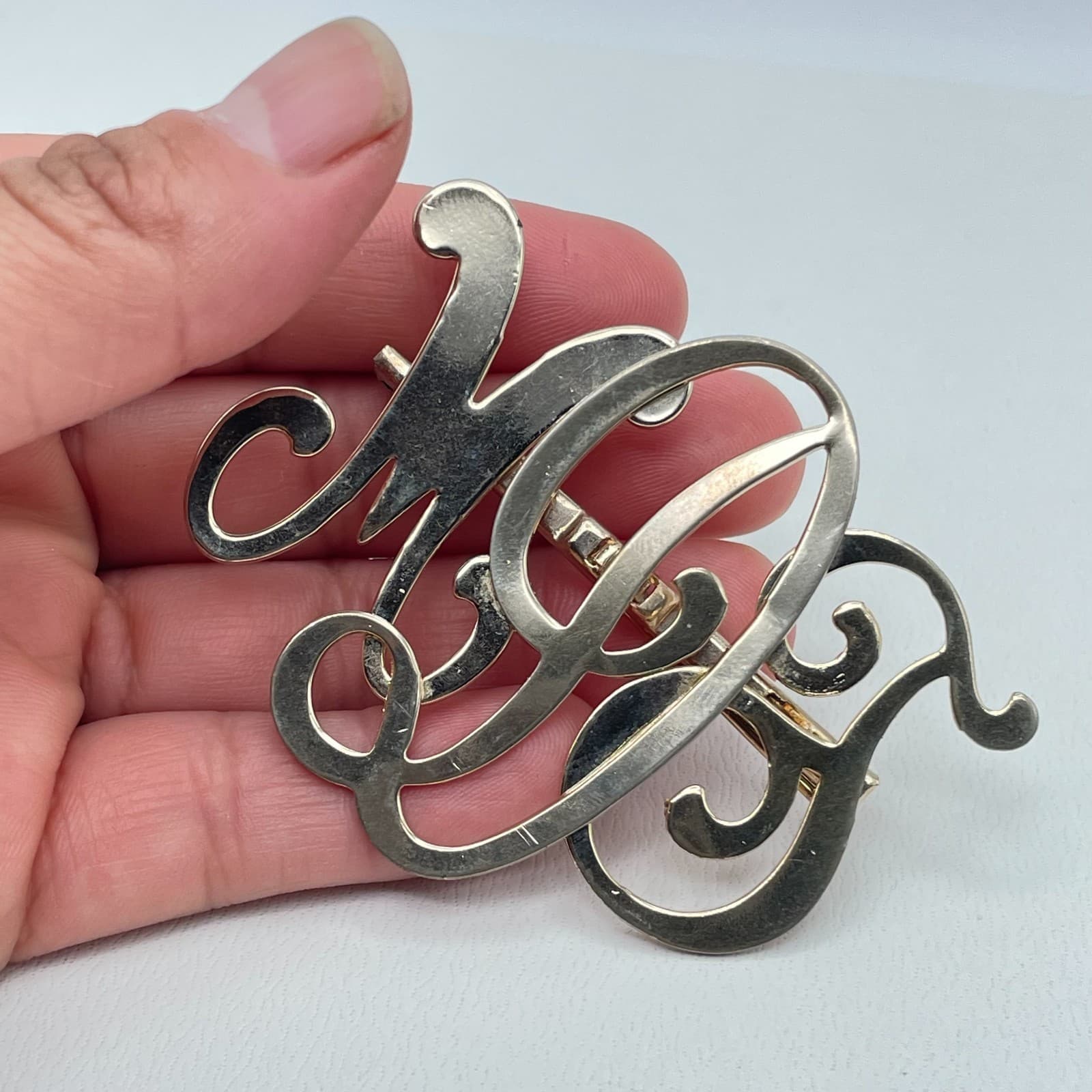 Vintage 80s Monogram MGS Script Large Charm Brooch Pin Gold Tone Jewelry - Thumbnail 6