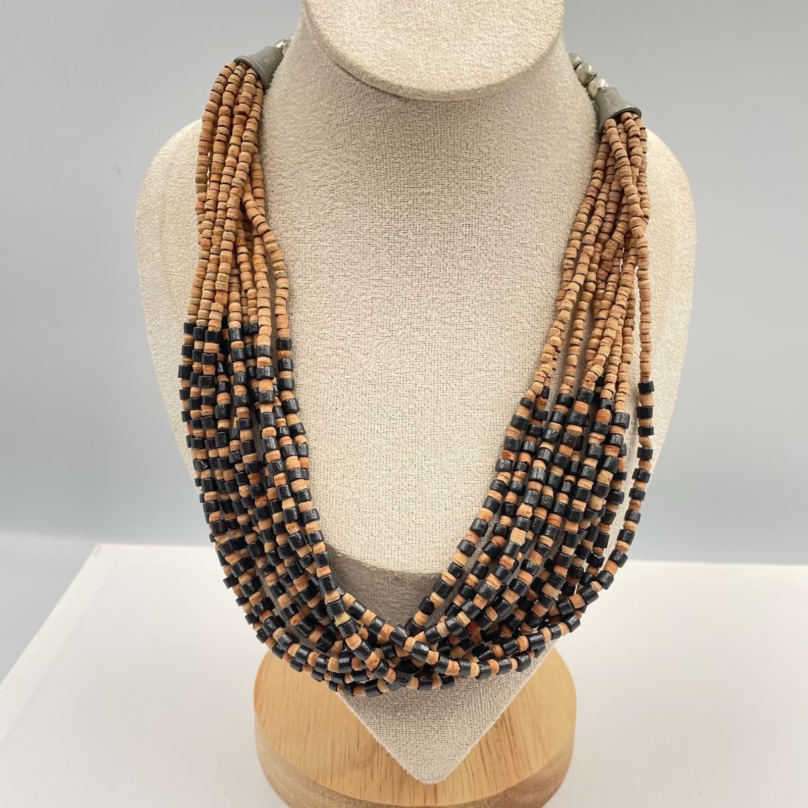 Vtg Multi Strand Wood Bead Necklace Chunky Statement Tribal Black Natural Brown - Thumbnail 2
