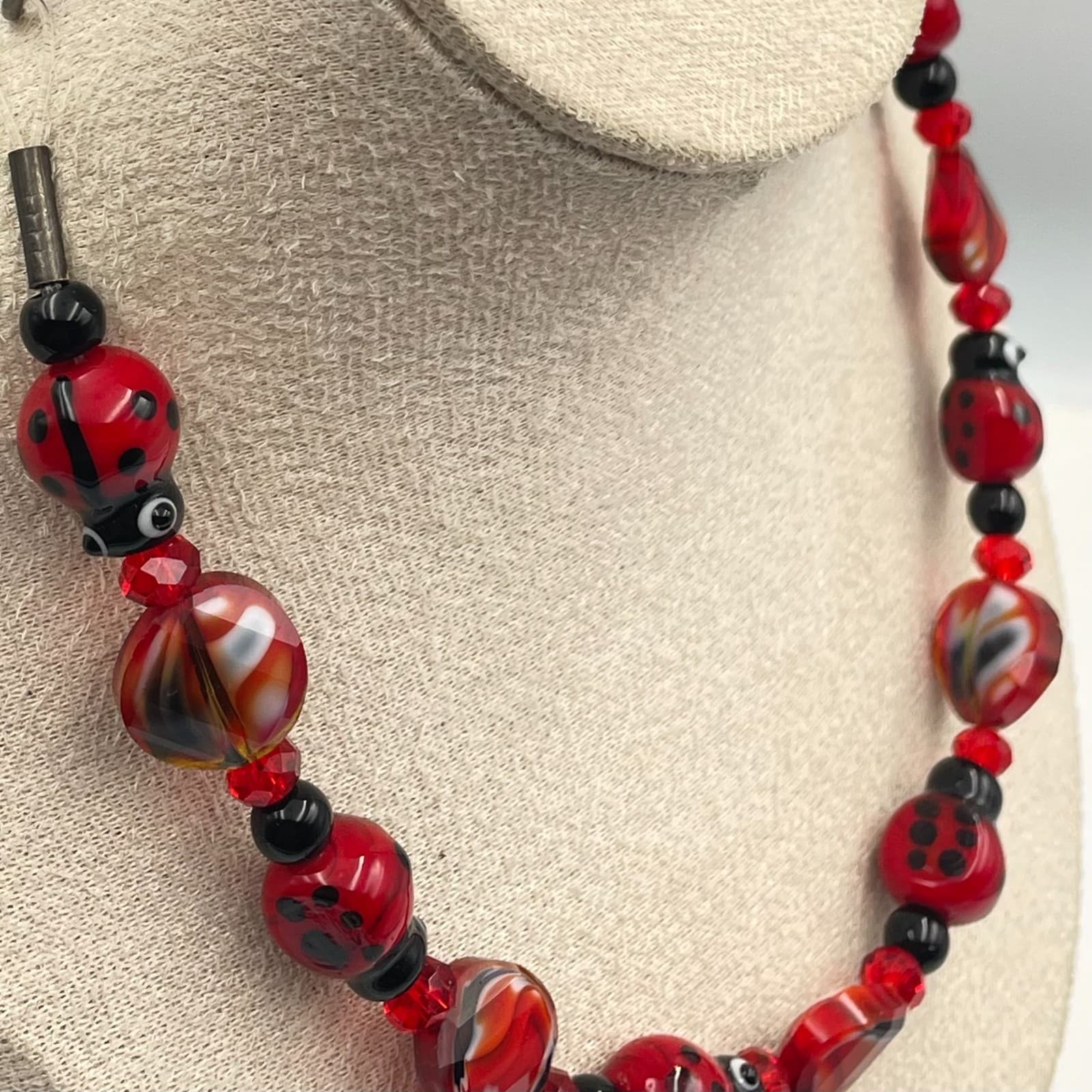 Vintage Art Glass Ladybug Necklace Lampwork Red Black Bead Choker Whimsical - Thumbnail 5