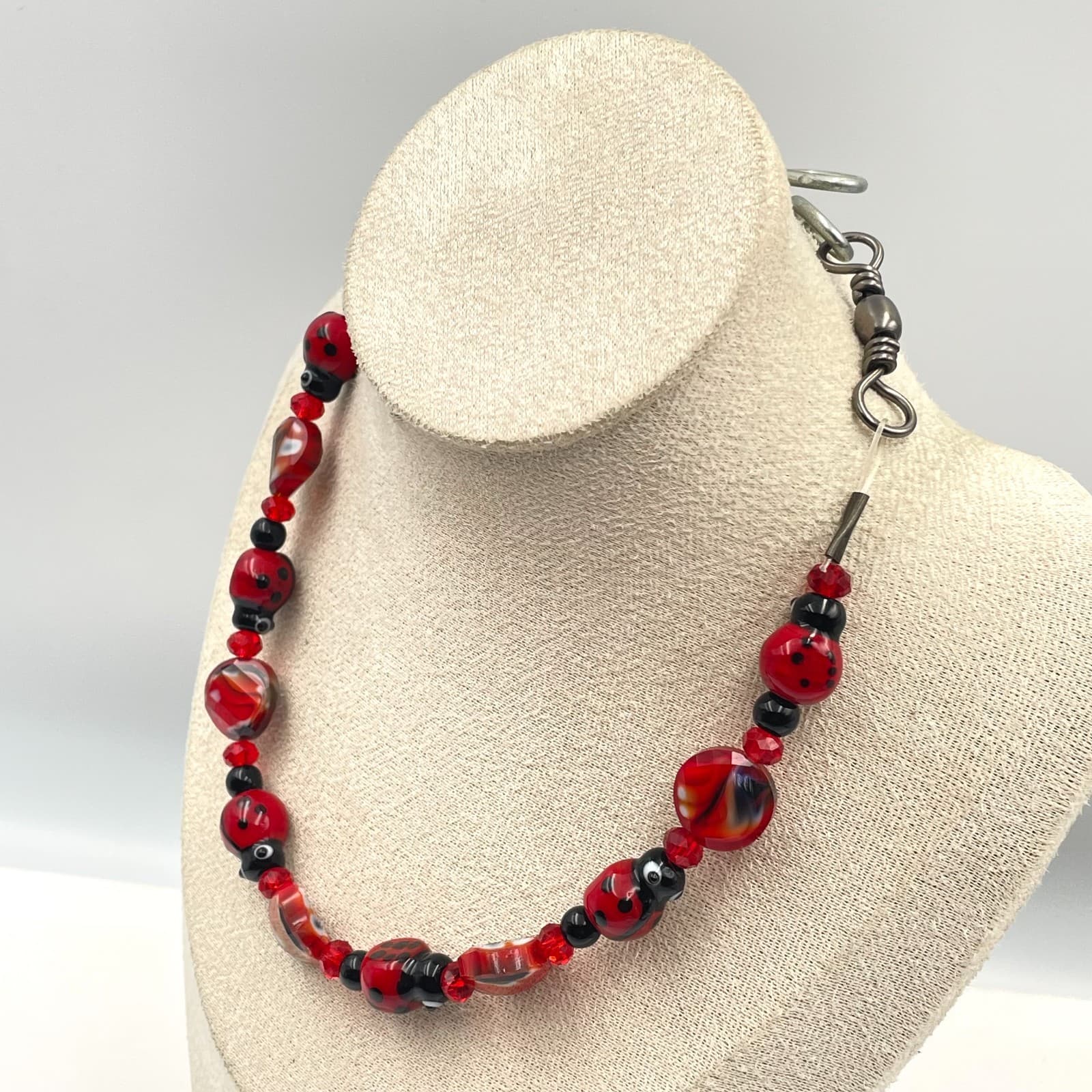 Vintage Art Glass Ladybug Necklace Lampwork Red Black Bead Choker Whimsical - Thumbnail 4