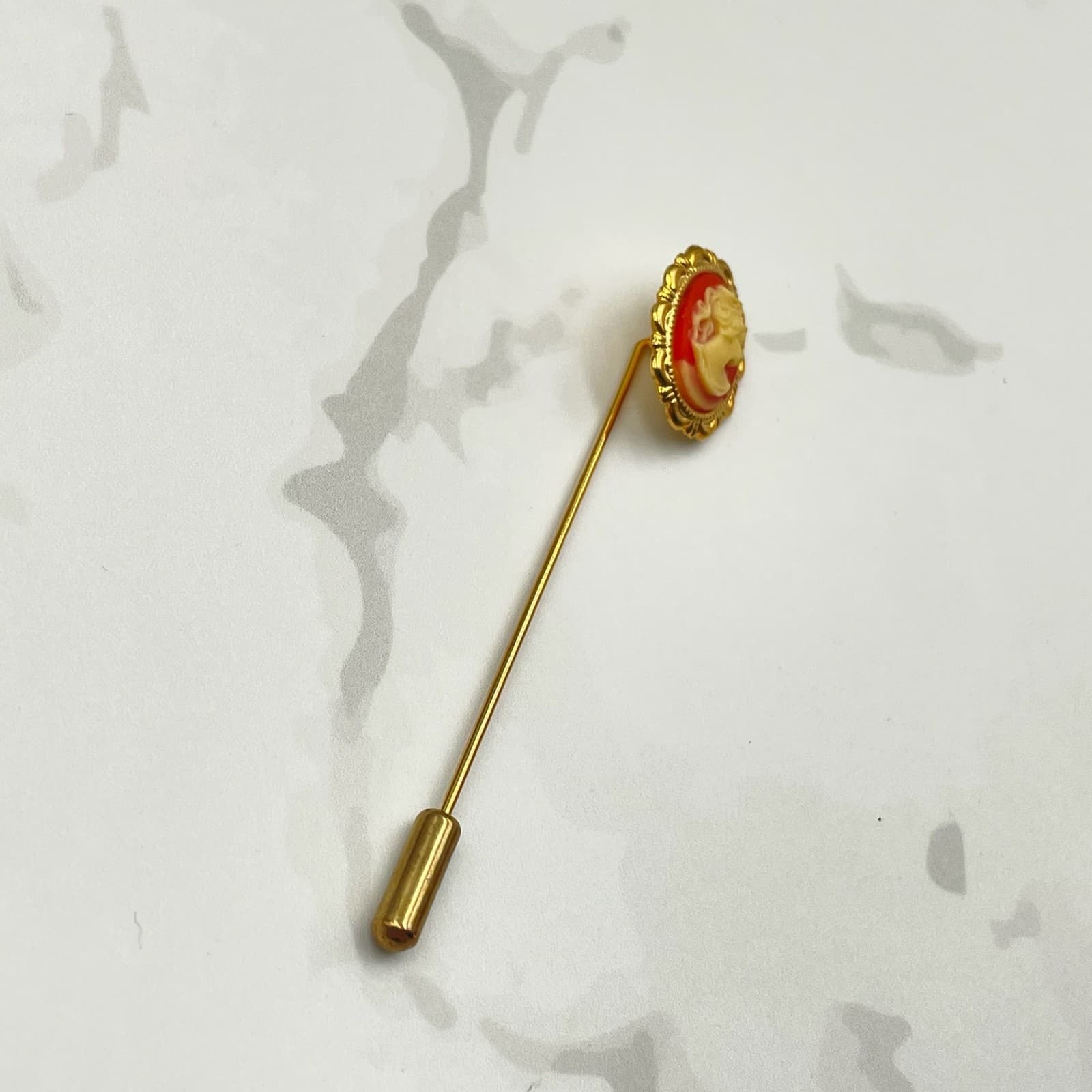 Vintage VTG Cameo Hat Pin Stick Pin Gold Tone White Portrait 2 3/4" Long Classic - Thumbnail 9