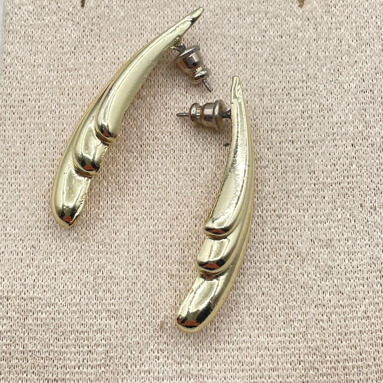 Vintage VTG Gold Tone Dangle Earrings Shiny Abstract Wing Mid-Century Modern - Thumbnail 7