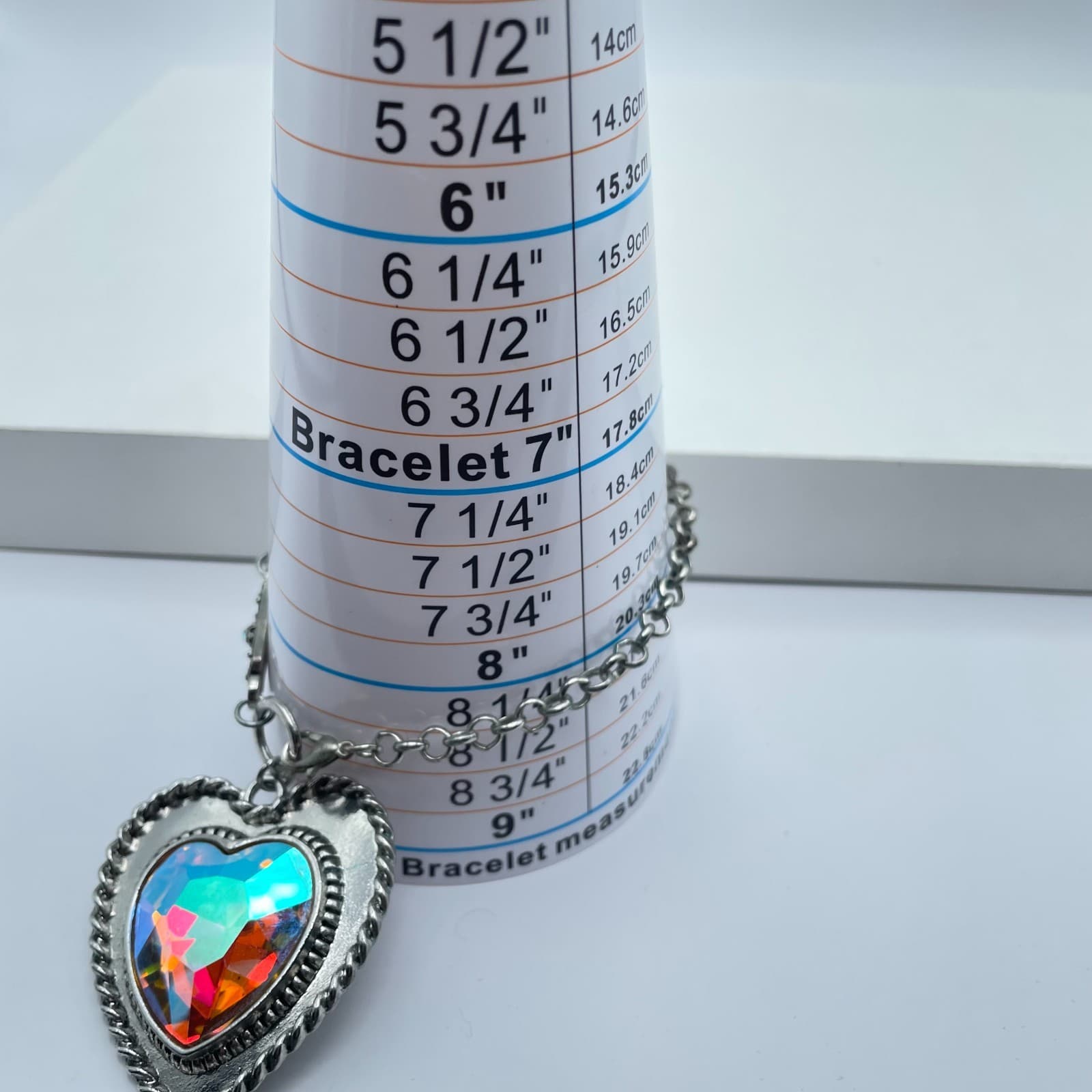 Vintage 90s Silver Tone Rope Border Iridescent Heart Charm Bracelet Jewelry - Thumbnail 7