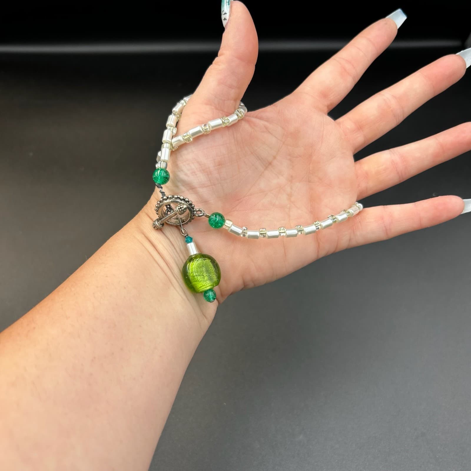 Vintage Beaded Necklace White & Green Beads Religious Medal Pendant 18" - Thumbnail 3