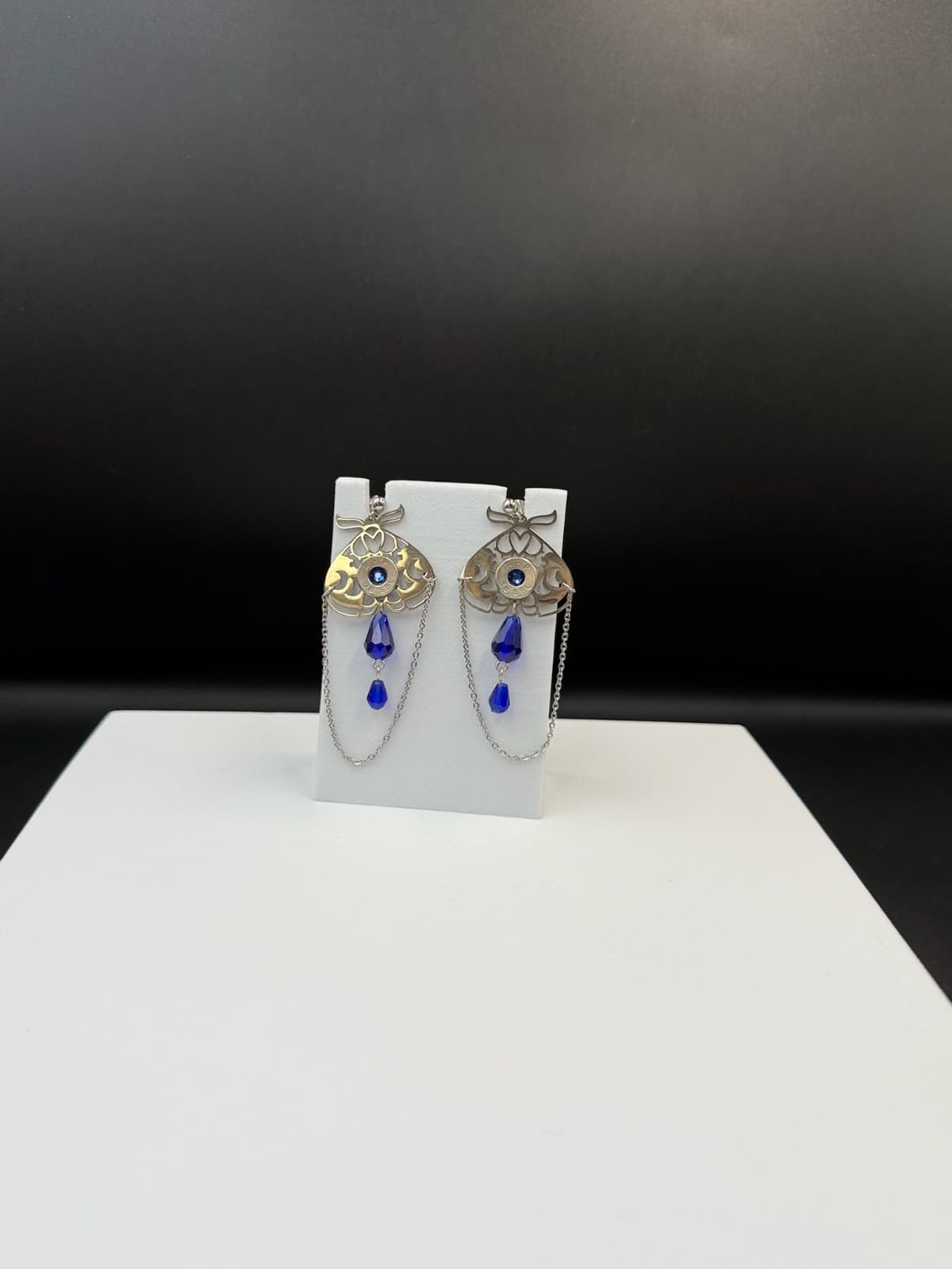 Vintage Womens silver Tone Chain Blue Beaded Fashion Dangle/Drop Earrings - Thumbnail 2