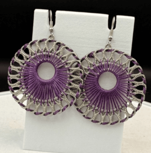 Vintage Silver-Tone Purple Threaded Open Circle Classic Dangle Earrings - Image 1