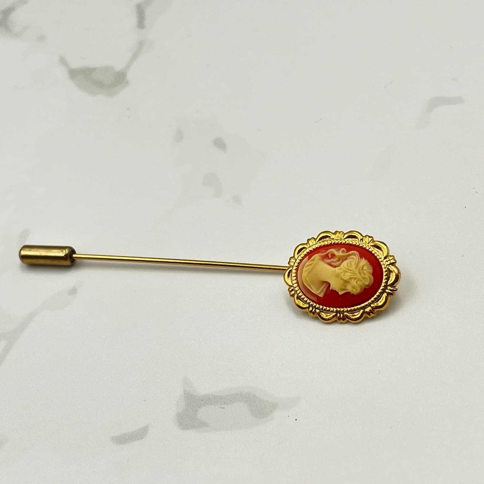 Vintage VTG Cameo Hat Pin Stick Pin Gold Tone White Portrait 2 3/4" Long Classic - Thumbnail 6