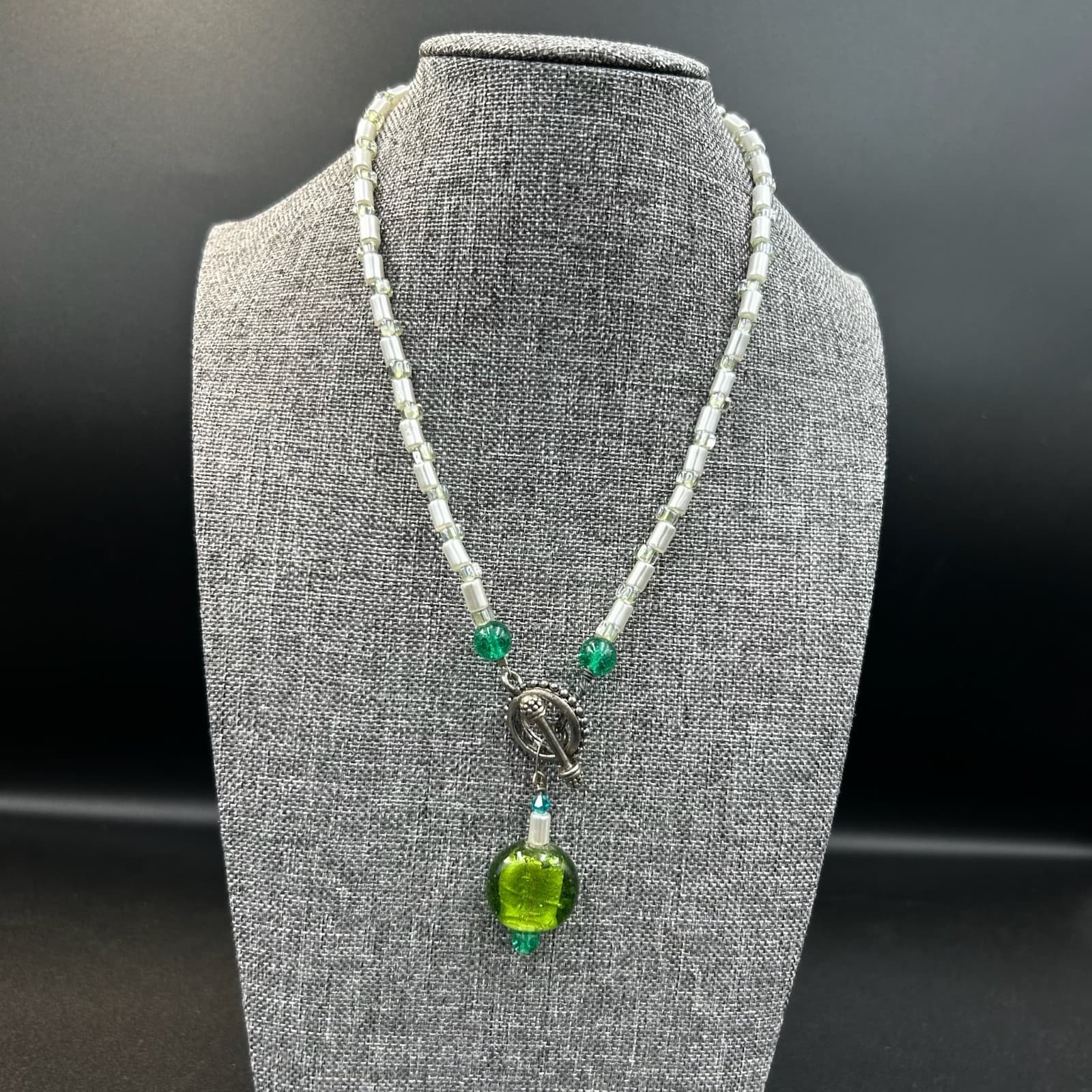 Vintage Beaded Necklace White & Green Beads Religious Medal Pendant 18" - Image 1