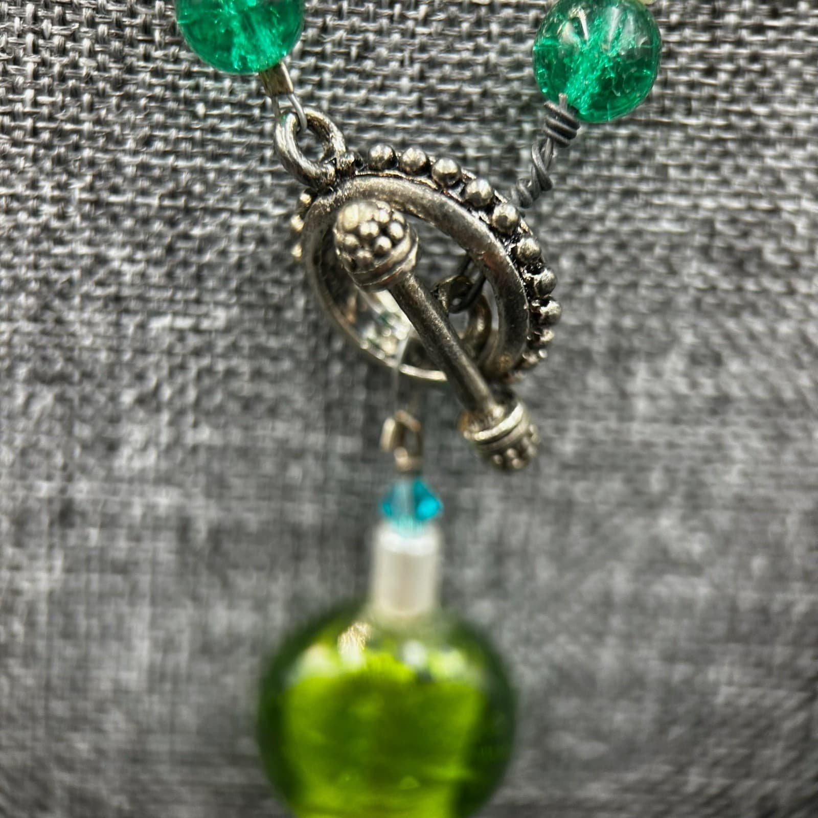 Vintage Beaded Necklace White & Green Beads Religious Medal Pendant 18" - Thumbnail 4