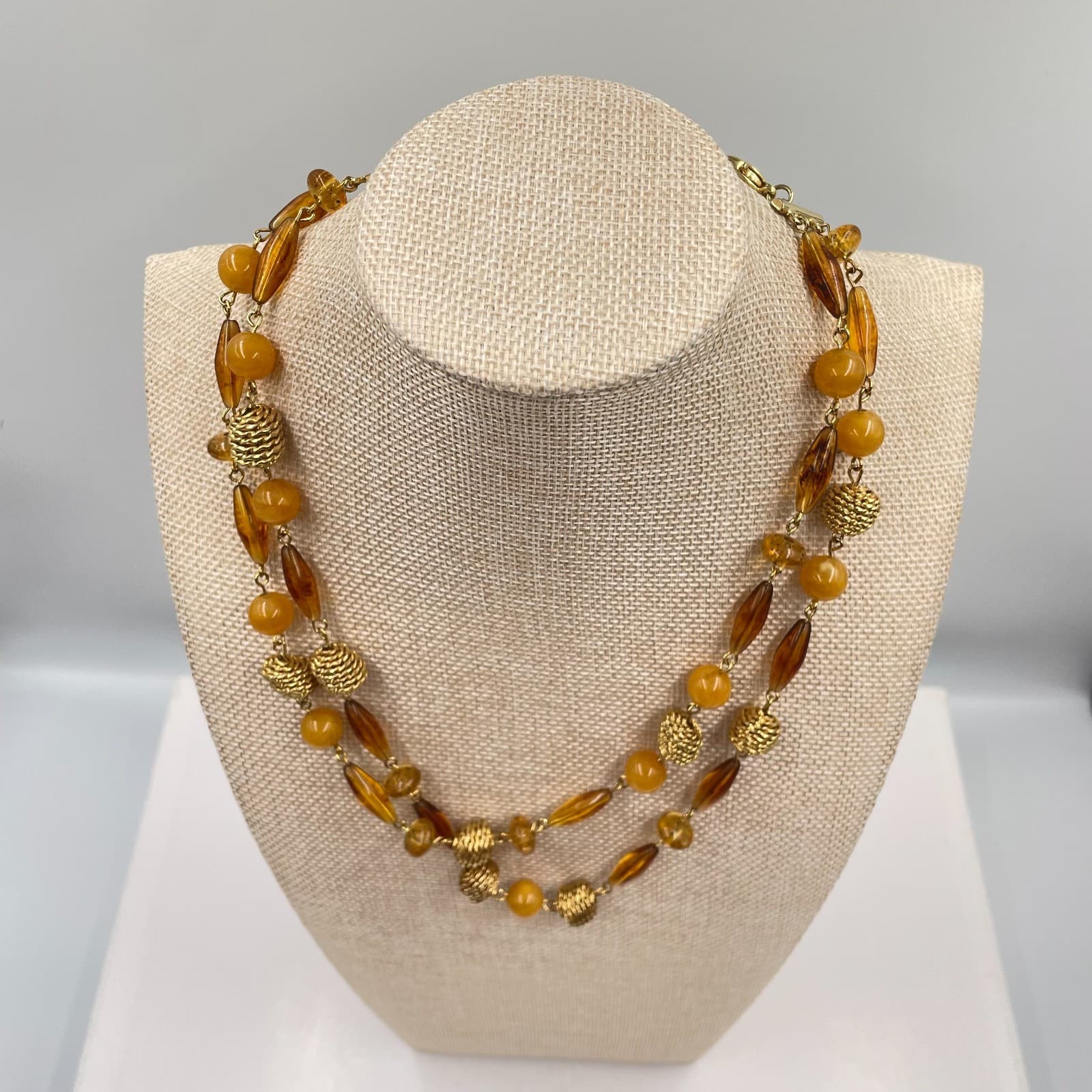 Vintage Amber Tone Bead Necklace Double Strand Gold Textured Metal Statement - Thumbnail 2