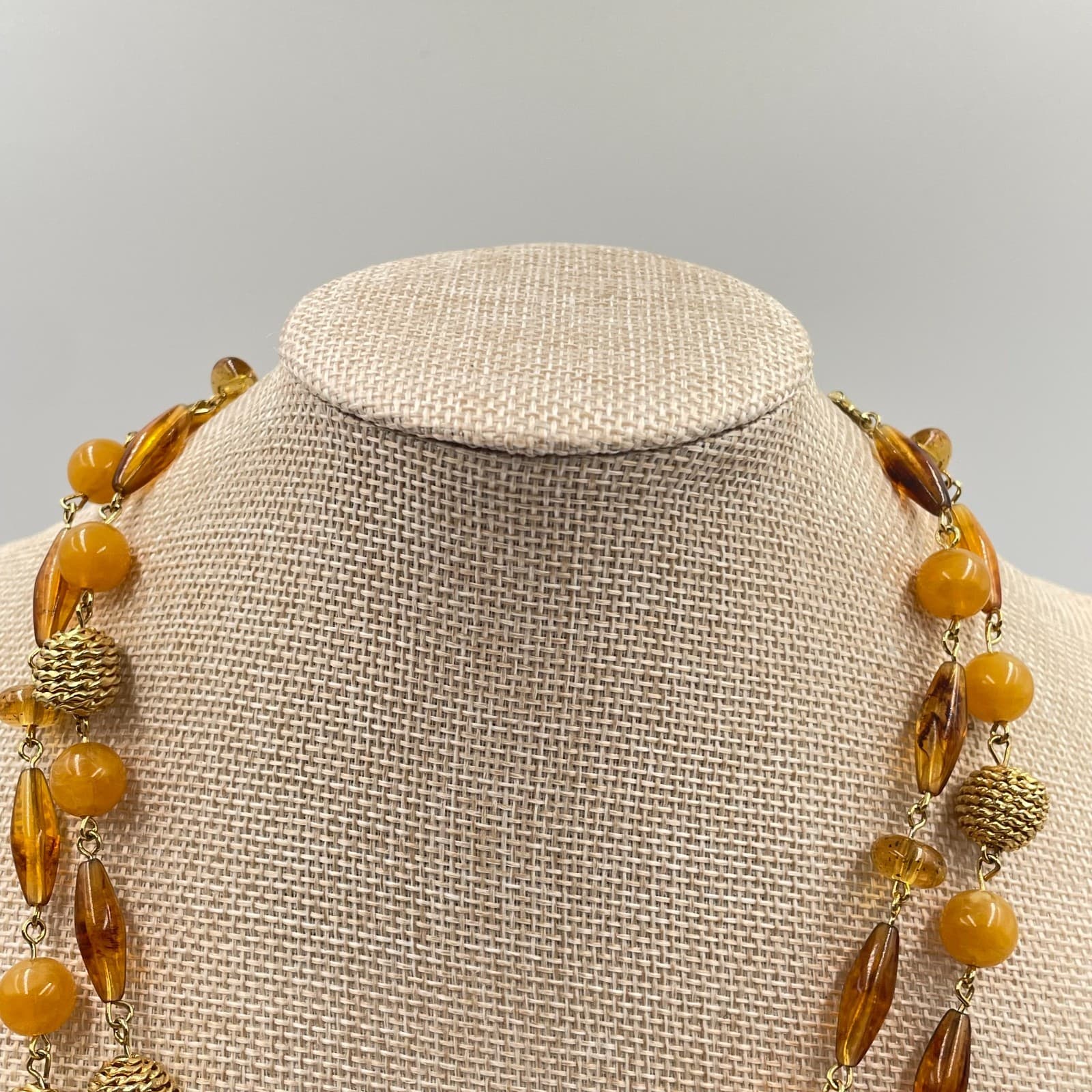 Vintage Amber Tone Bead Necklace Double Strand Gold Textured Metal Statement - Thumbnail 4