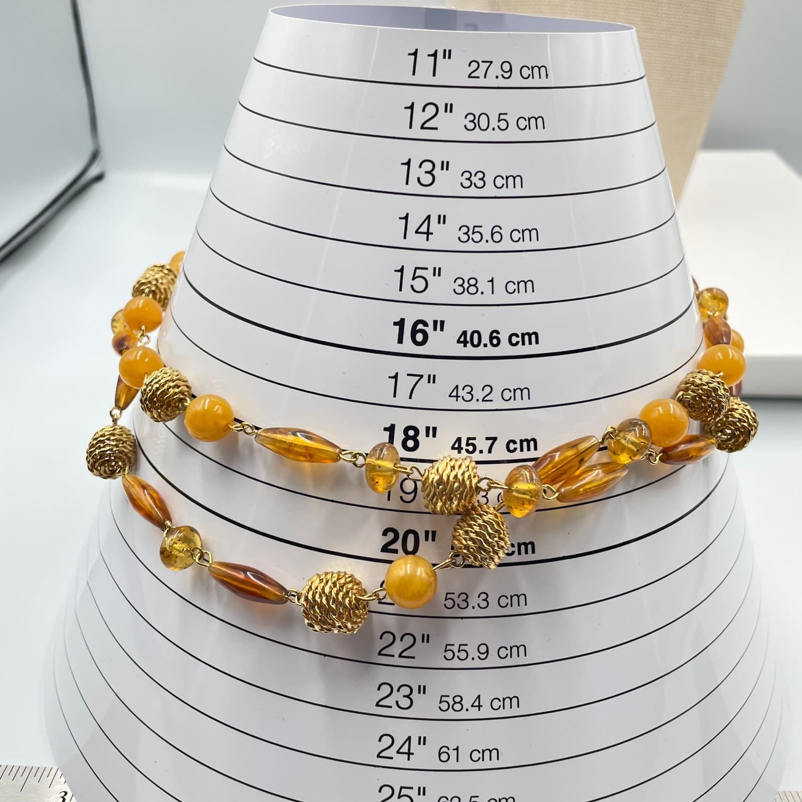 Vintage Amber Tone Bead Necklace Double Strand Gold Textured Metal Statement - Thumbnail 7