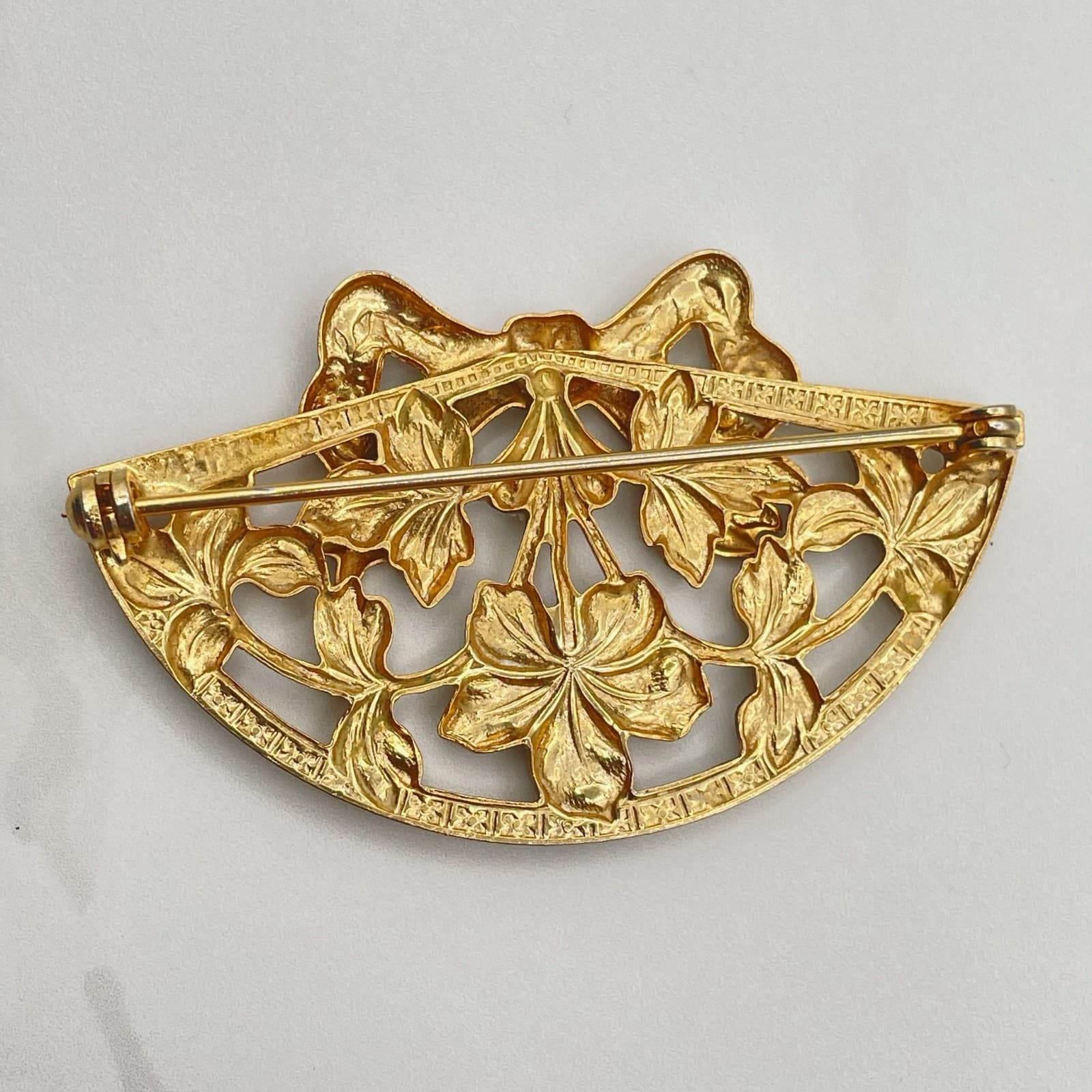 Vintage VTG Gold Tone Brooch Carved Rose Flower Filigree Leaf Pin Floral - Thumbnail 14