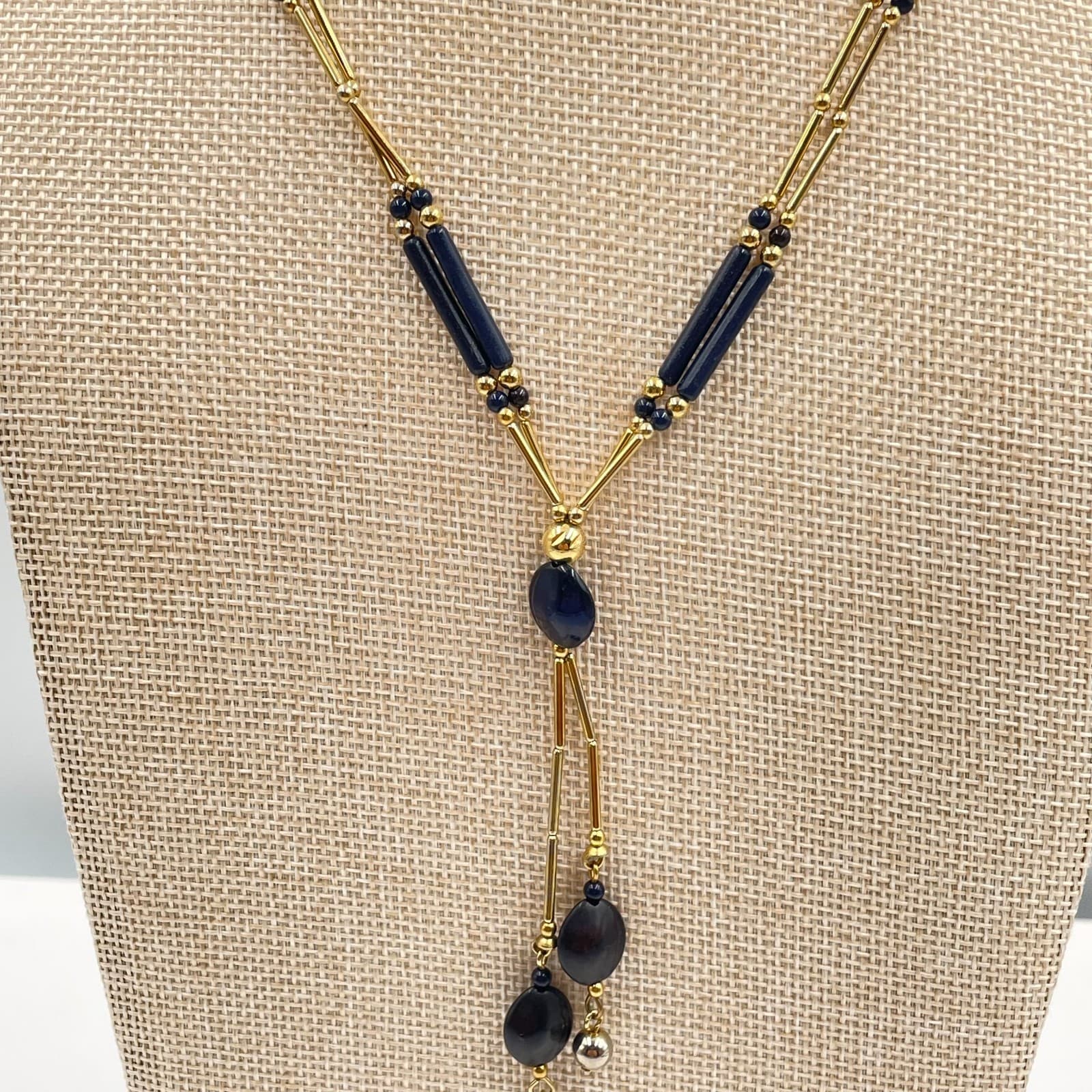 Vintage Black Gold Y Necklace Liquid Gold Tone Tube Bead Dangle Drop 19" Elegant - Thumbnail 2