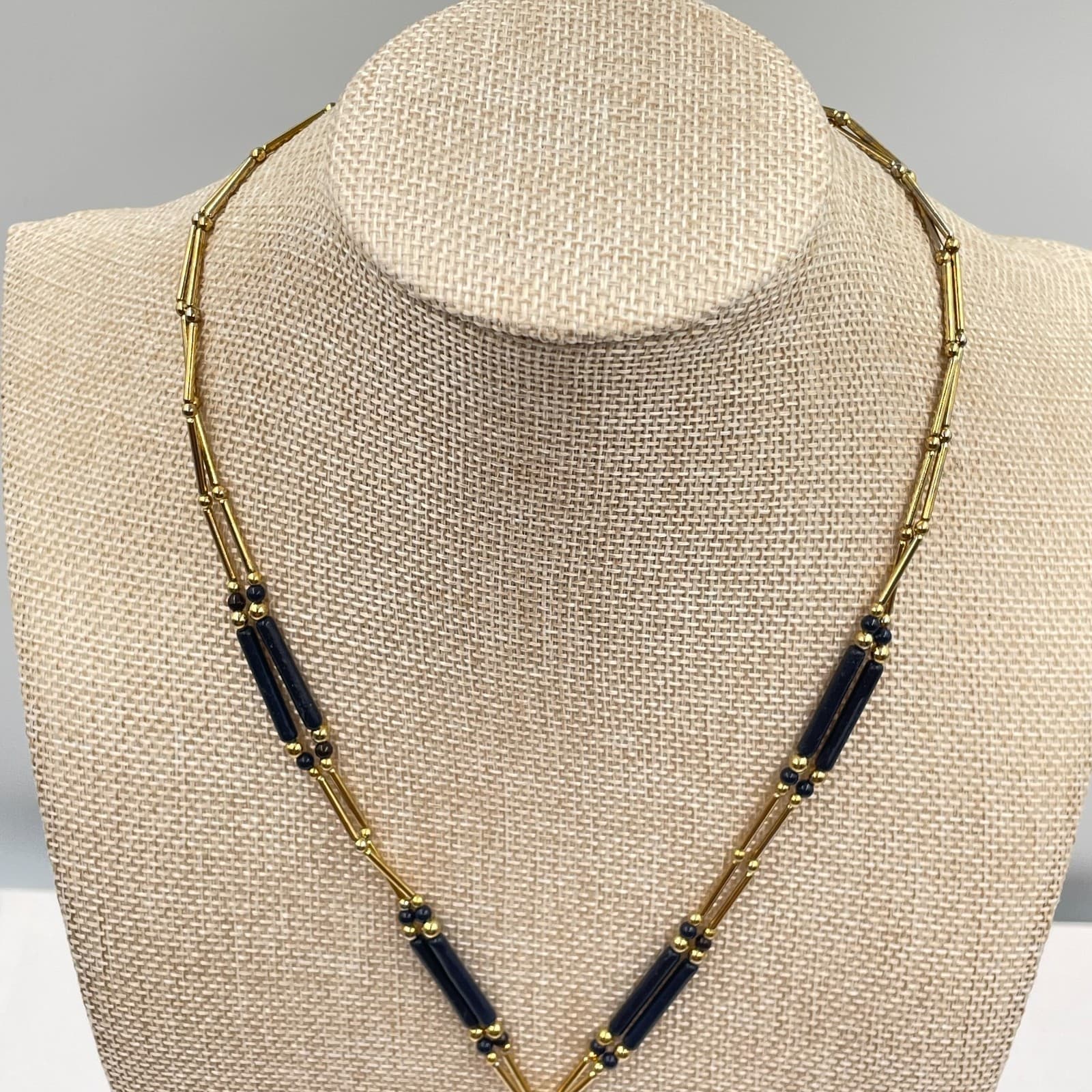 Vintage Black Gold Y Necklace Liquid Gold Tone Tube Bead Dangle Drop 19" Elegant - Thumbnail 3