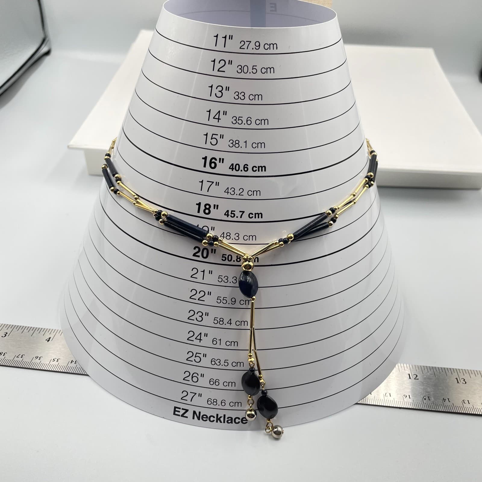 Vintage Black Gold Y Necklace Liquid Gold Tone Tube Bead Dangle Drop 19" Elegant - Thumbnail 8