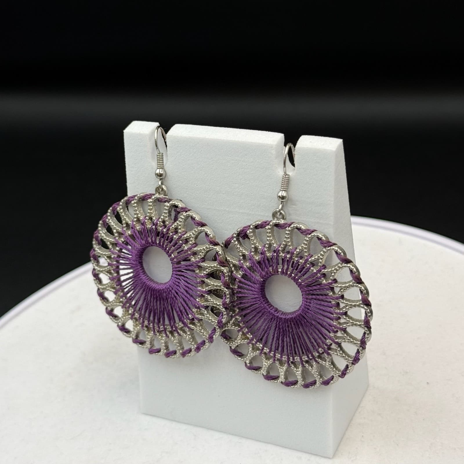 Vintage Silver-Tone Purple Threaded Open Circle Classic Dangle Earrings - Thumbnail 6
