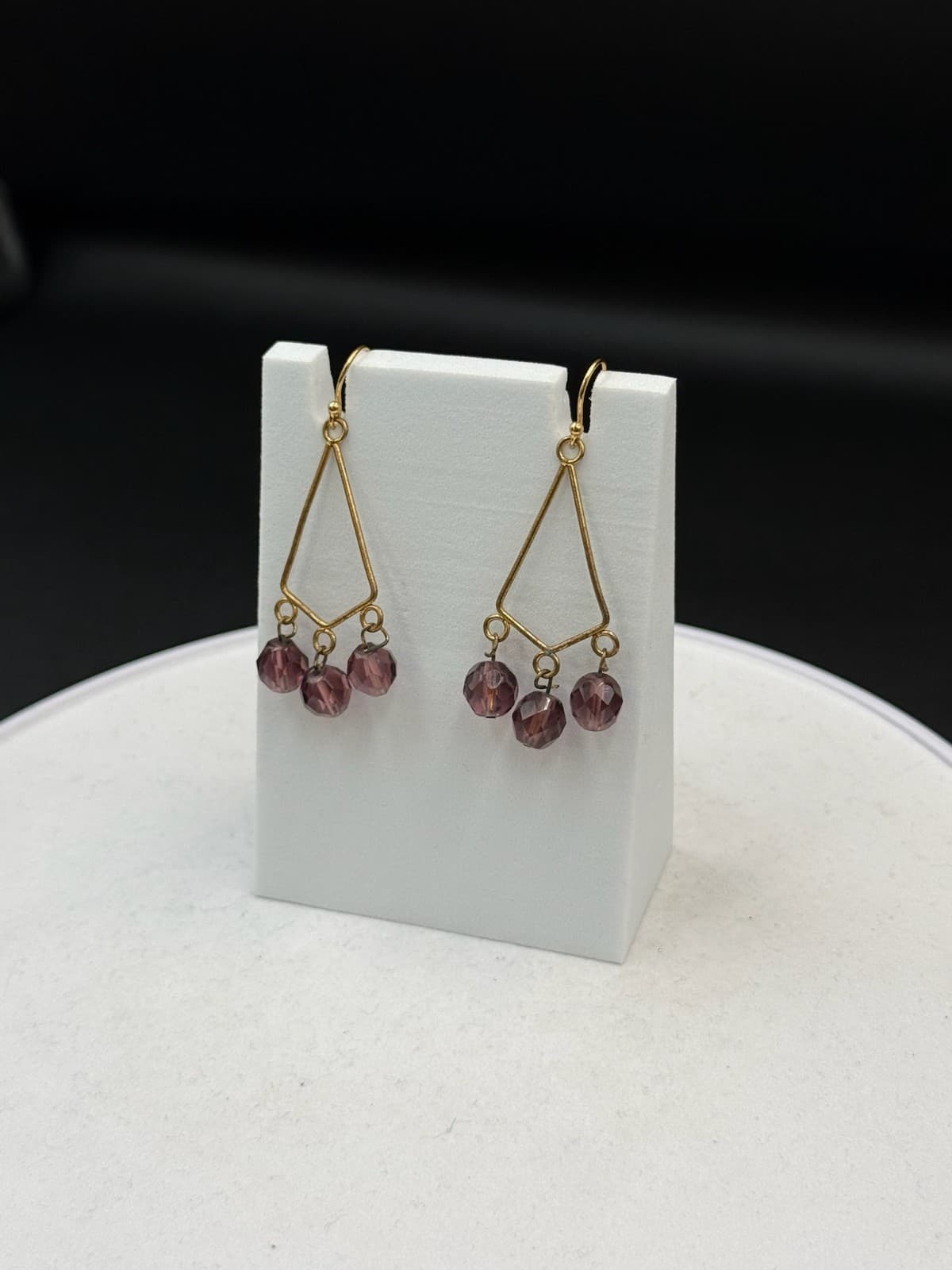 Vintage Womens Purple Bead Glass Triangle-Shaped Dangle Wedding Earrings - Thumbnail 3