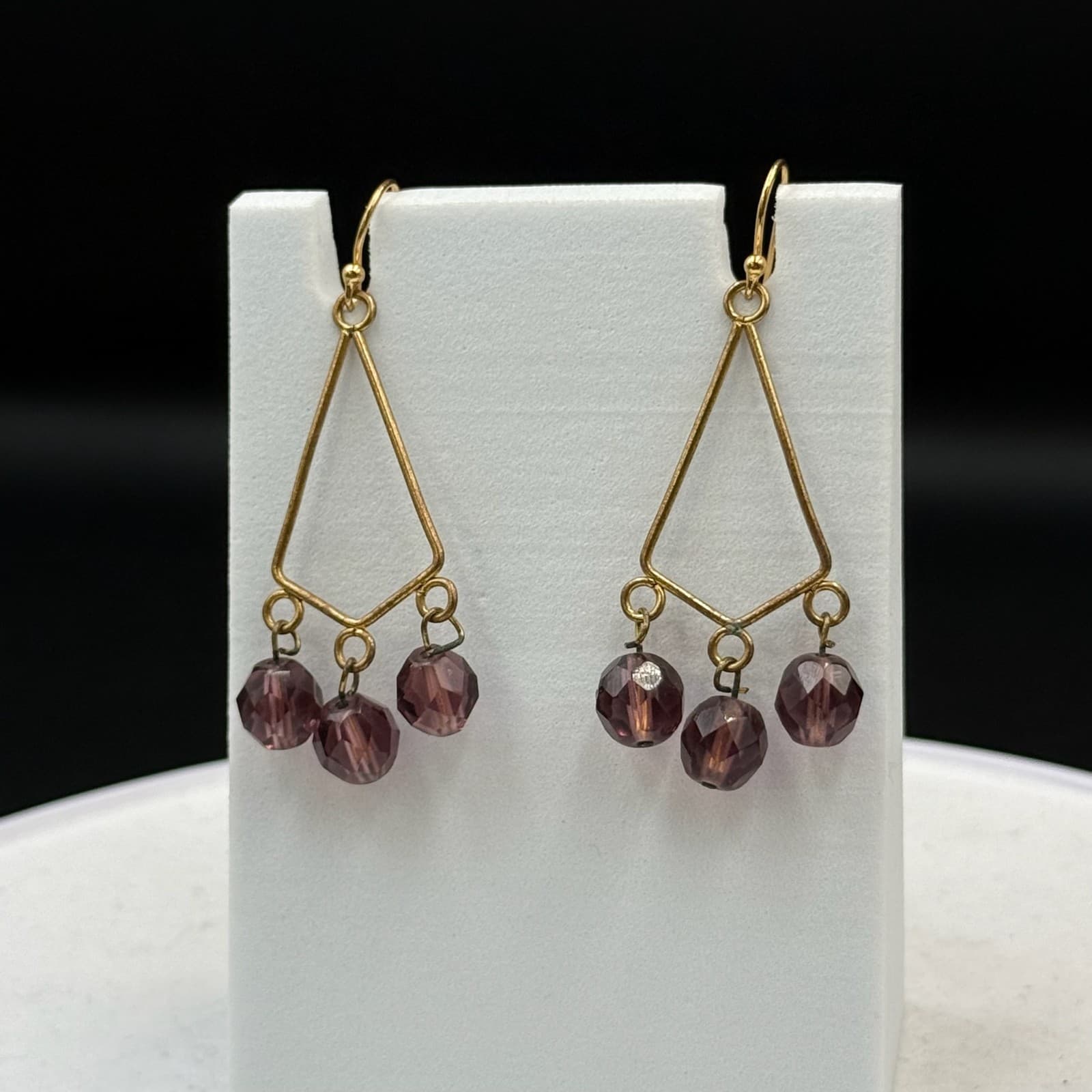 Vintage Womens Purple Bead Glass Triangle-Shaped Dangle Wedding Earrings - Thumbnail 9