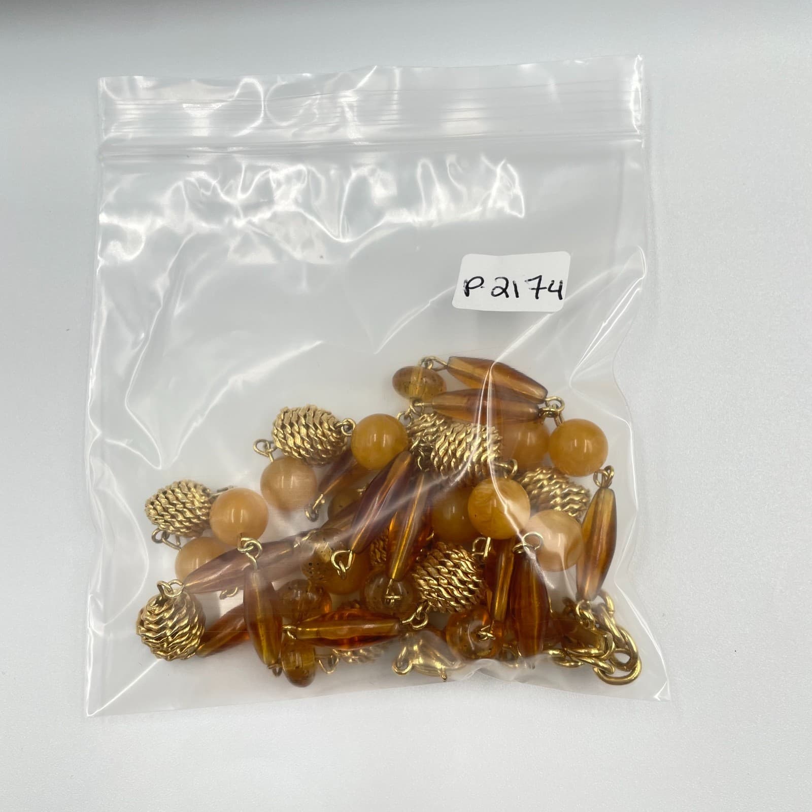 Vintage Amber Tone Bead Necklace Double Strand Gold Textured Metal Statement - Thumbnail 8