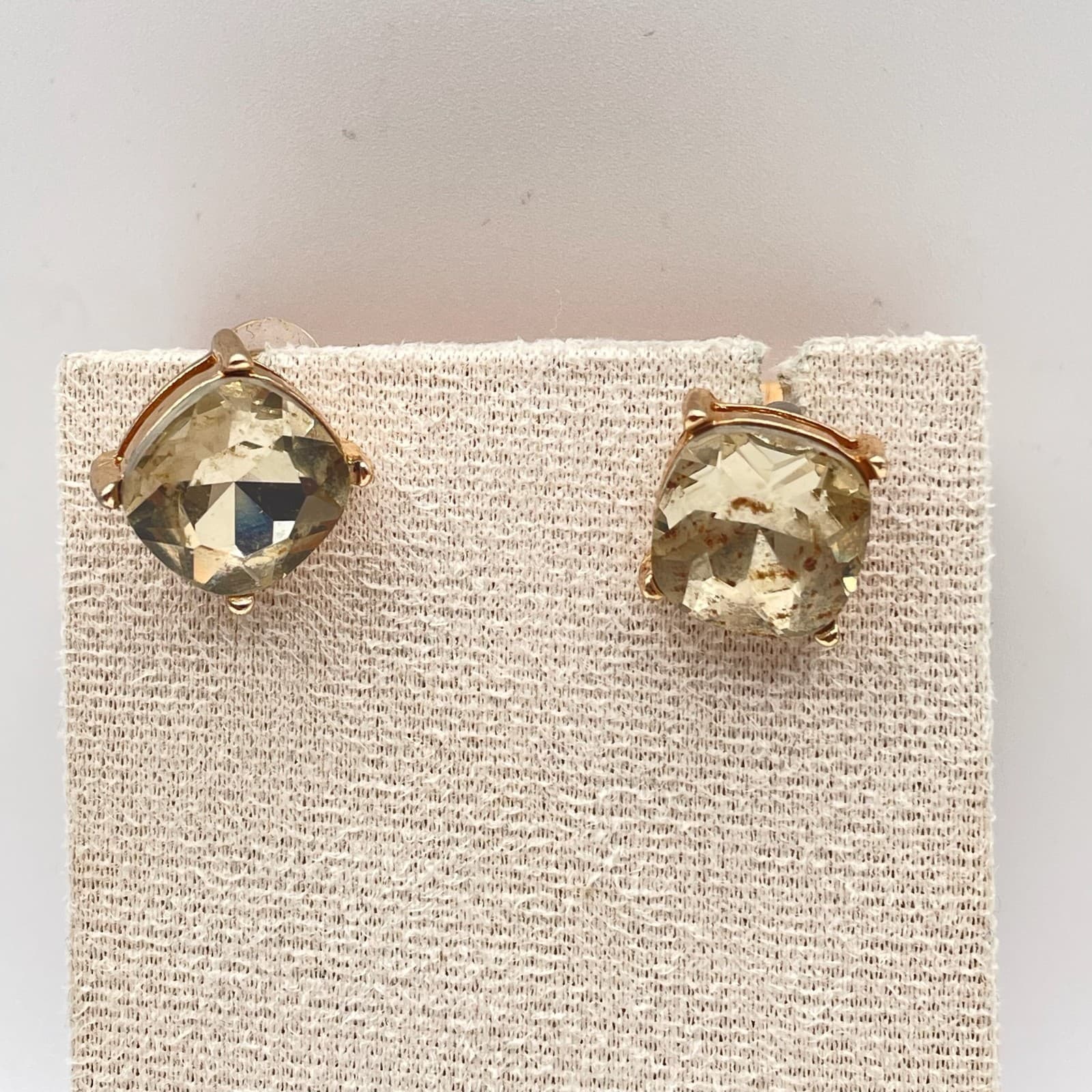 Vintage VTG Rose Gold Tone Stud Earrings Cushion Cut Smoky Quartz Crystal - Thumbnail 2