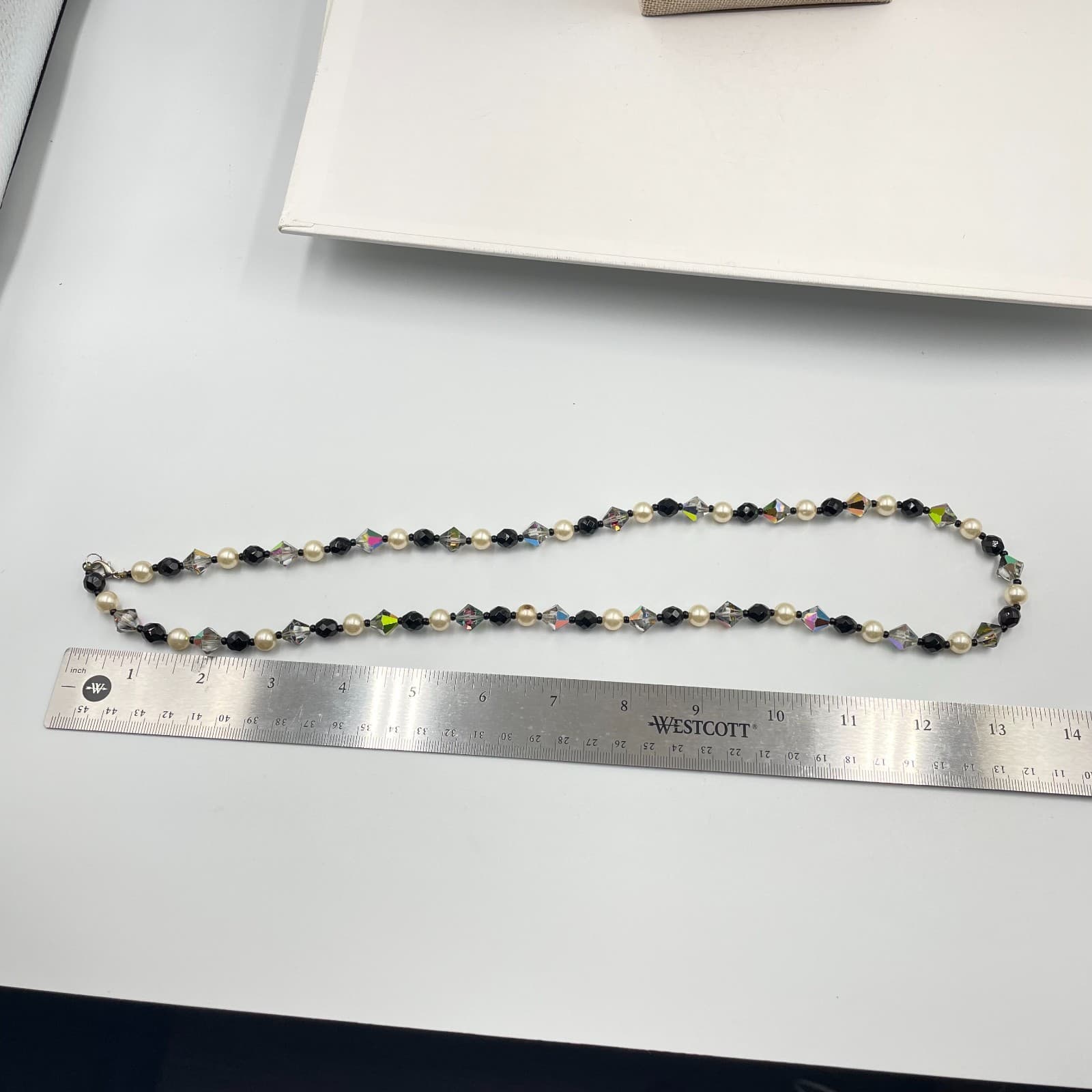 VTG Crystal Pearl Necklace Black Cream Iridescent Bicone Long Beaded - Thumbnail 7