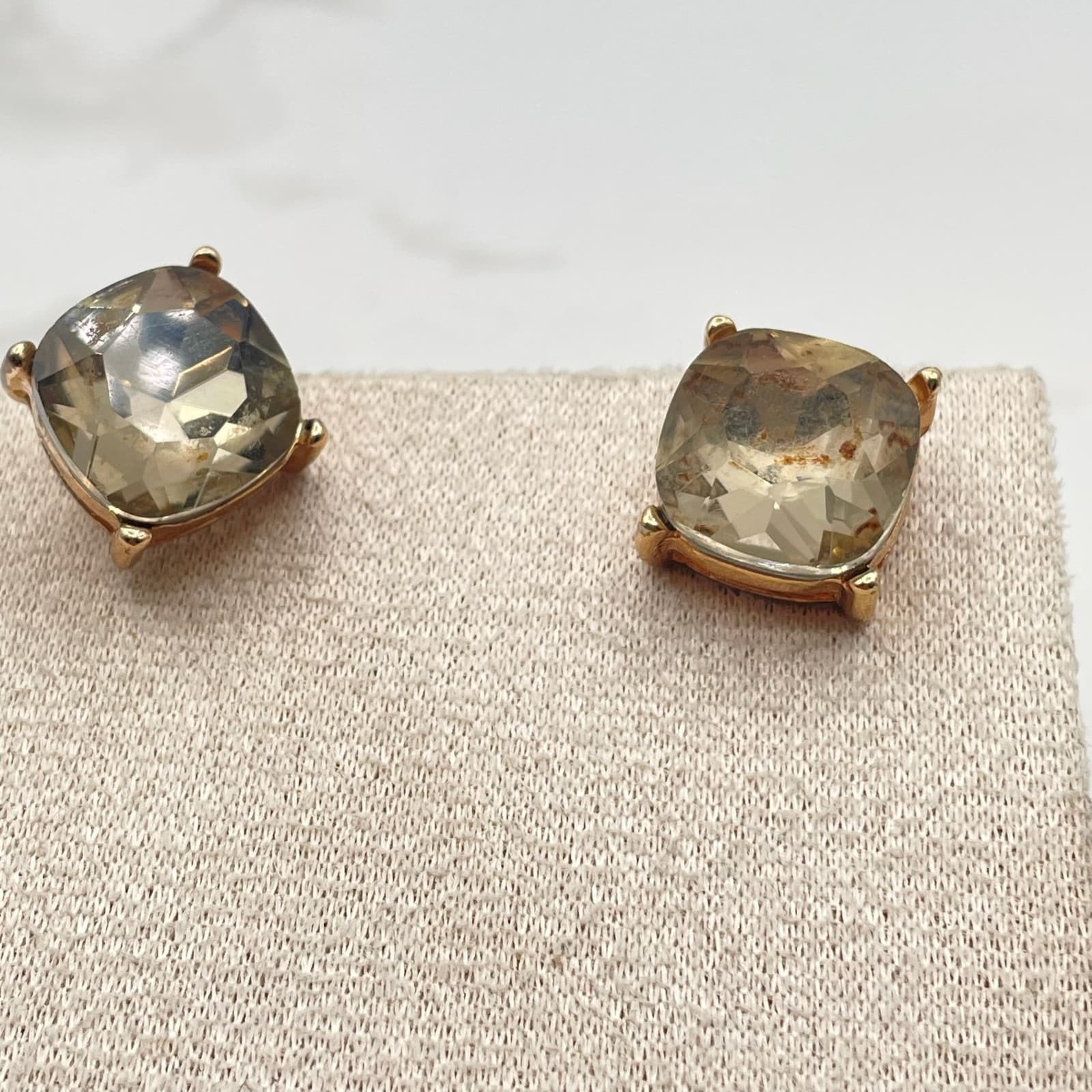 Vintage VTG Rose Gold Tone Stud Earrings Cushion Cut Smoky Quartz Crystal - Thumbnail 9